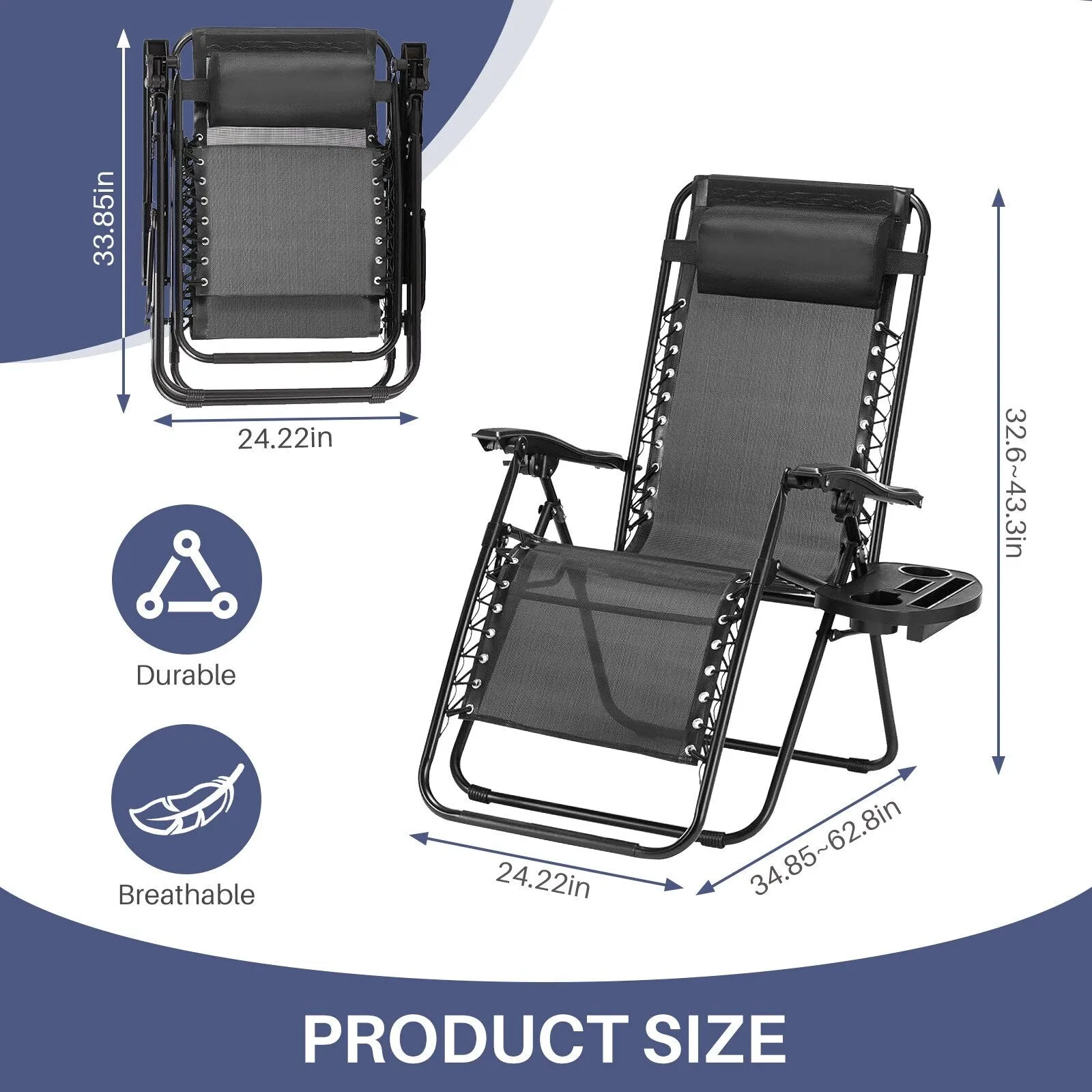 Outdoor Zero Cravity Folding Chair Set of 2 with Pillow & Cup Holder for Pool Beach, Navy Blue