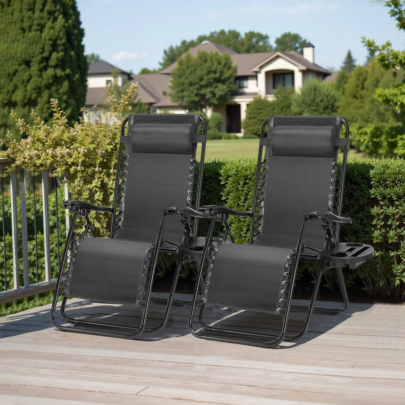 Outdoor Zero Cravity Folding Chair Set of 2 with Pillow & Cup Holder for Pool Beach, Navy Blue