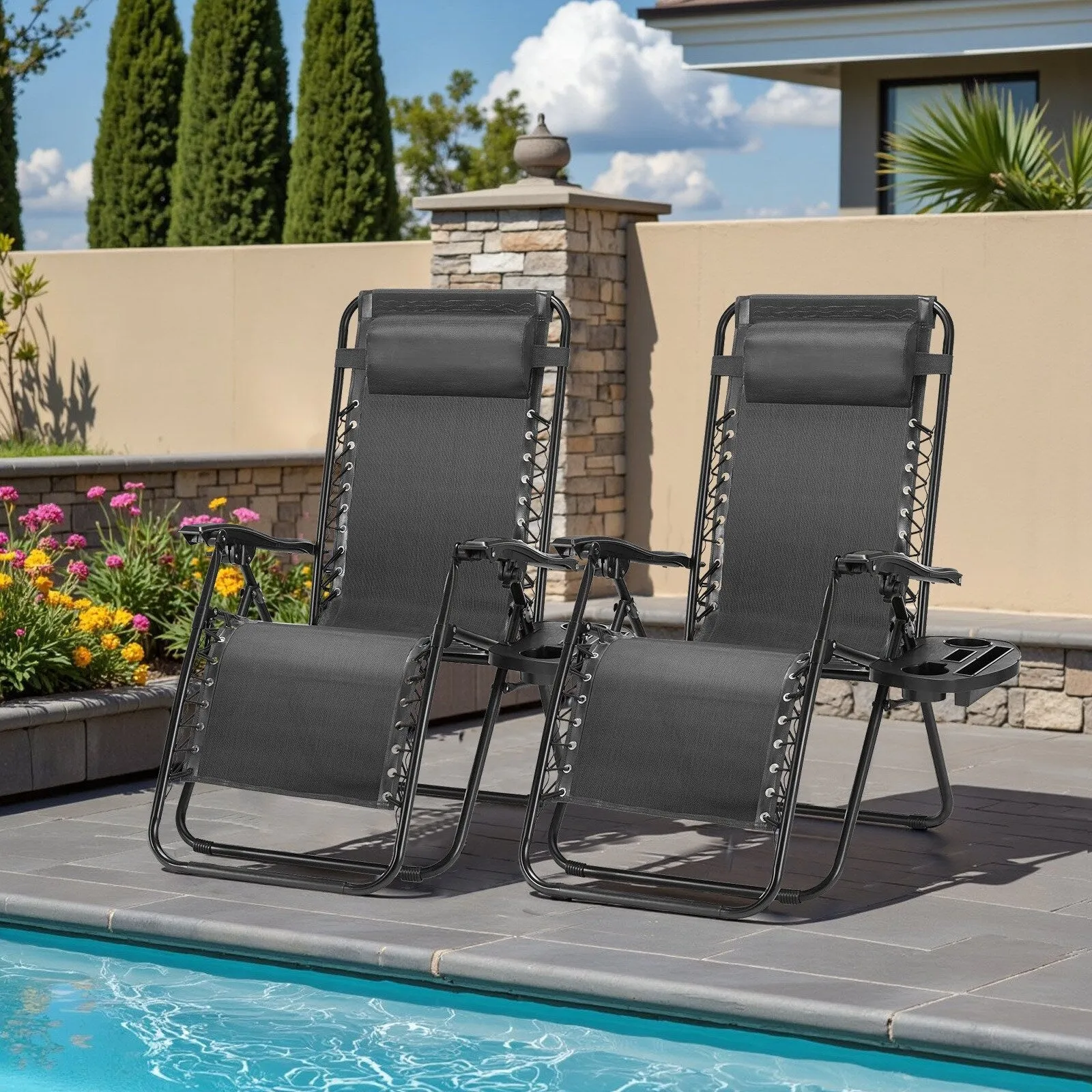 Outdoor Zero Cravity Folding Chair Set of 2 with Pillow & Cup Holder for Pool Beach, Navy Blue