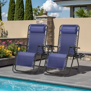 Outdoor Zero Cravity Folding Chair Set of 2 with Pillow & Cup Holder for Pool Beach, Navy Blue