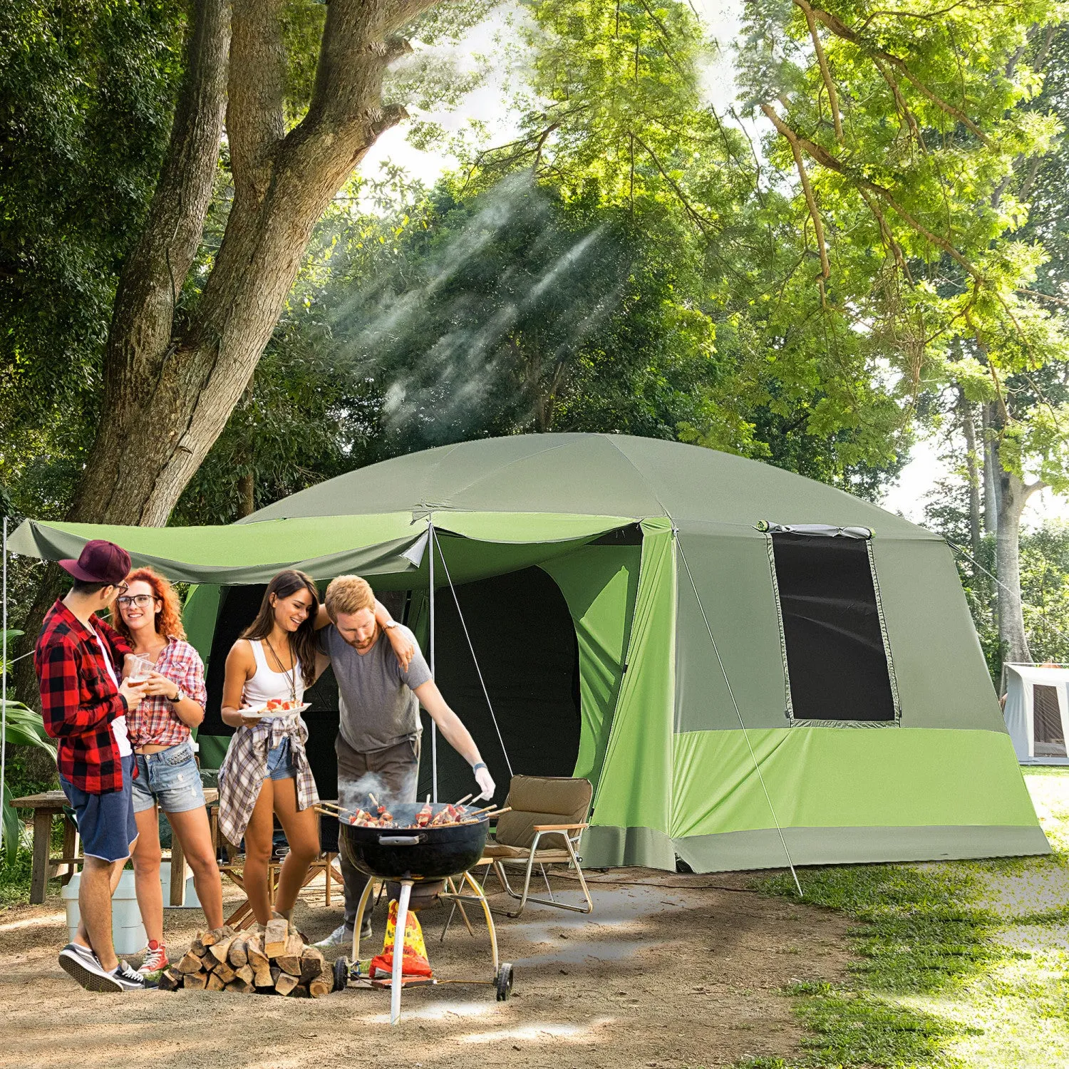 Outsunny 4-8 Person Camping Tent, 2-room Dome Tent With Porch, Green