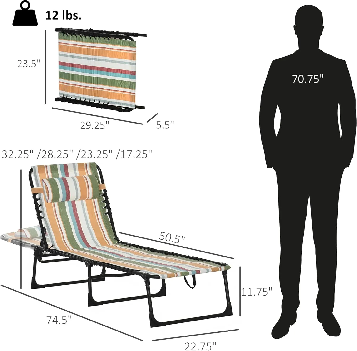 Outsunny Folding Chaise Lounge Chair, Patio Sun Tanning Chair, Outdoor Chaise Lounger with 4-Position Reclining Back, Breathable Mesh Seat for Beach, Poolside, Yard, Rainbow Striped