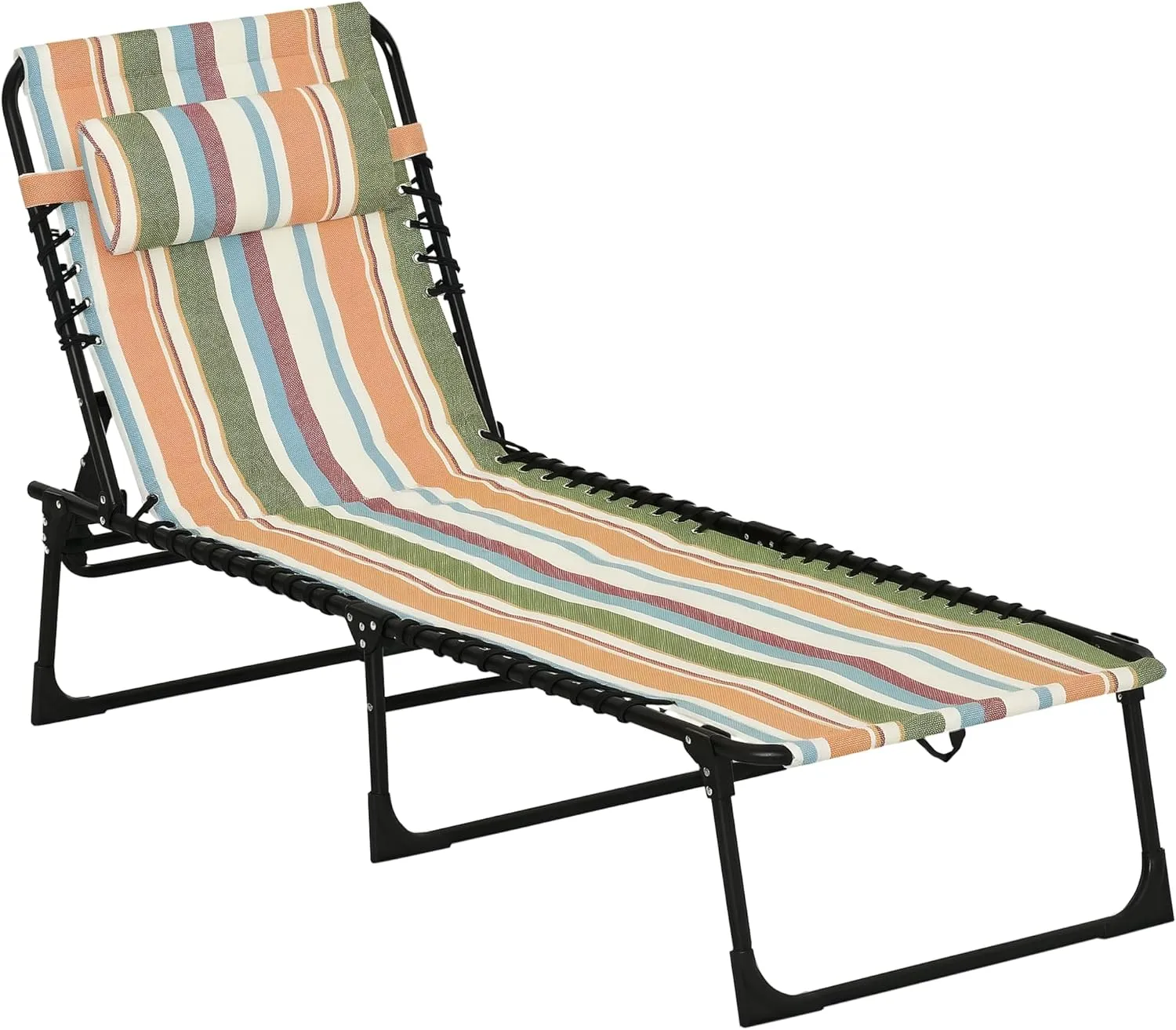 Outsunny Folding Chaise Lounge Chair, Patio Sun Tanning Chair, Outdoor Chaise Lounger with 4-Position Reclining Back, Breathable Mesh Seat for Beach, Poolside, Yard, Rainbow Striped