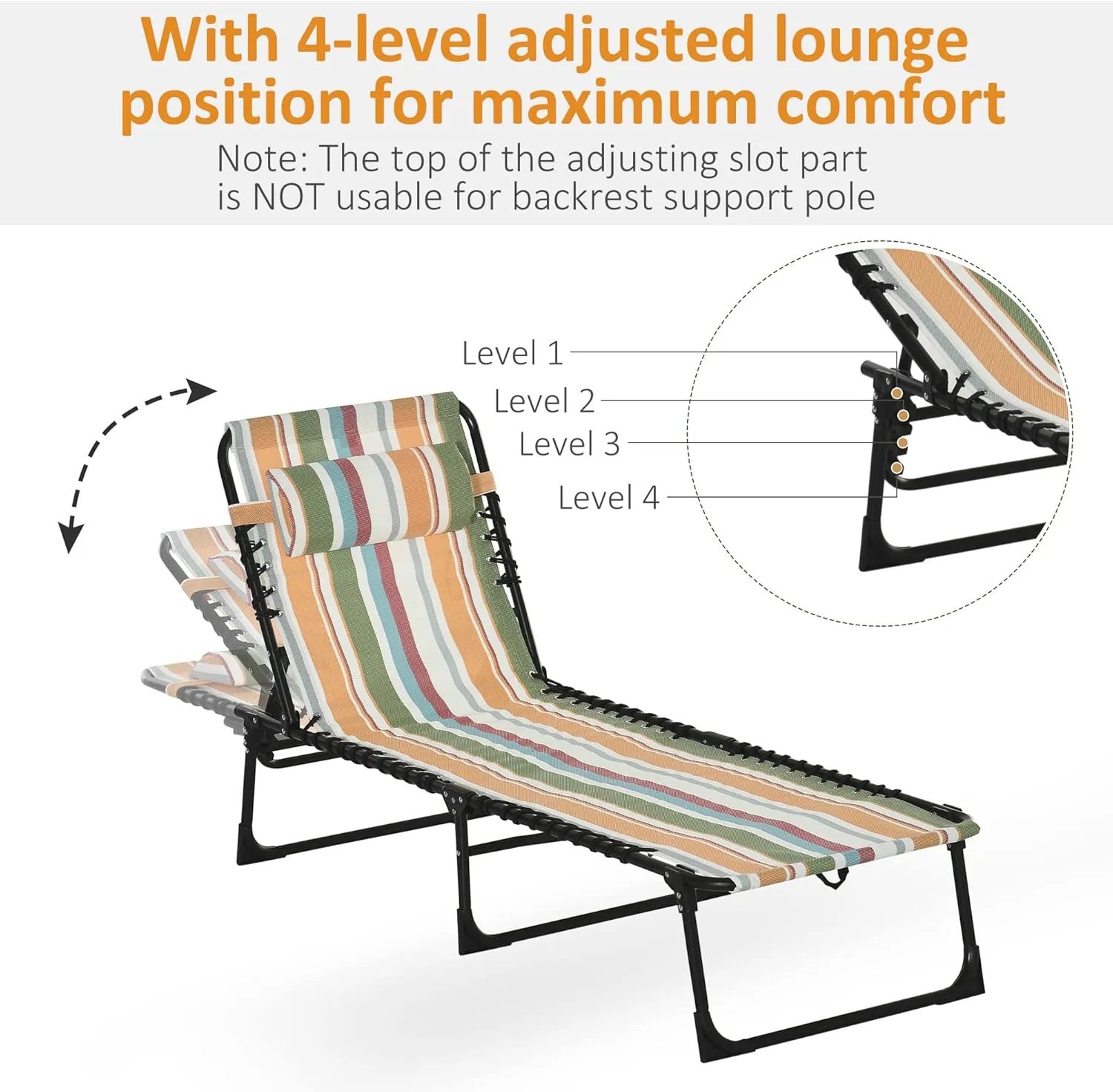 Outsunny Folding Chaise Lounge Chair, Patio Sun Tanning Chair, Outdoor Chaise Lounger with 4-Position Reclining Back, Breathable Mesh Seat for Beach, Poolside, Yard, Rainbow Striped