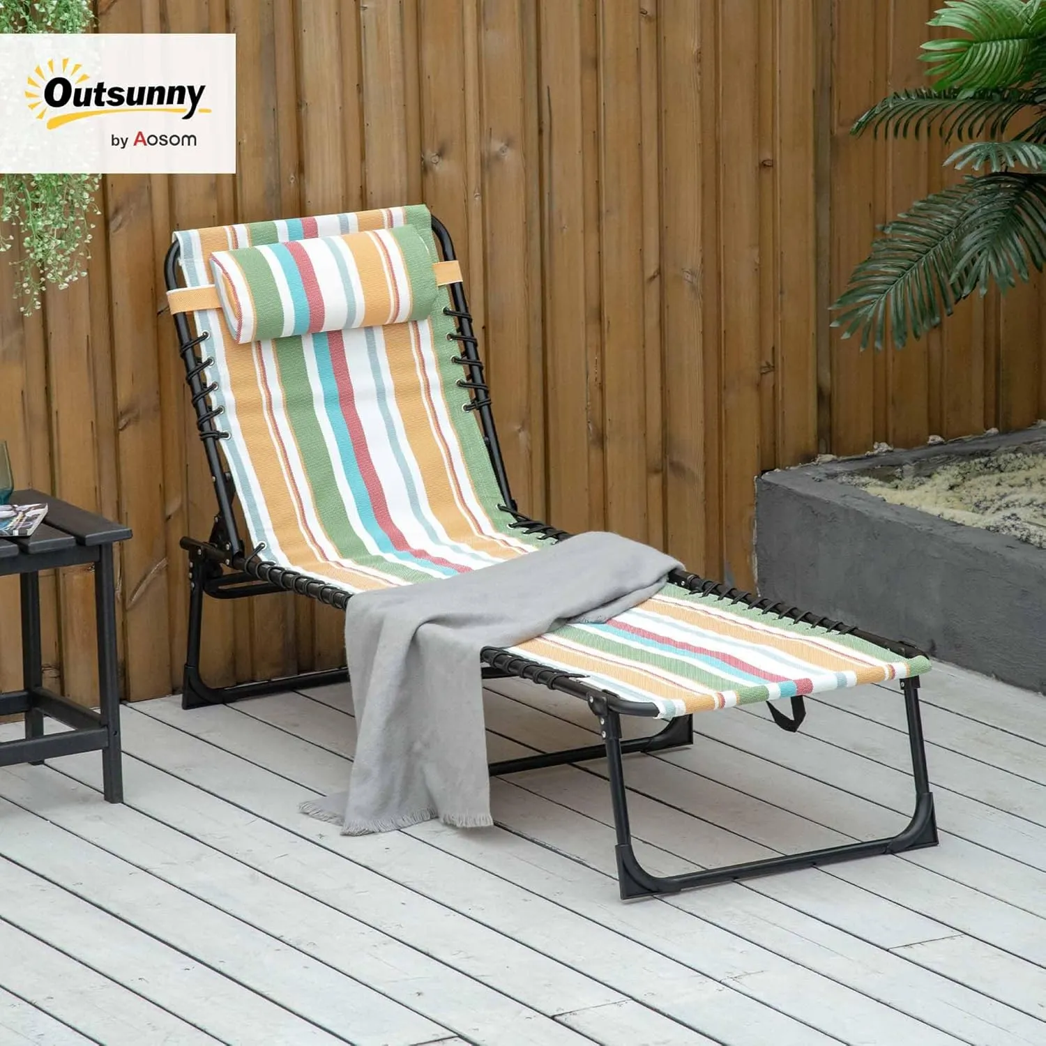 Outsunny Folding Chaise Lounge Chair, Patio Sun Tanning Chair, Outdoor Chaise Lounger with 4-Position Reclining Back, Breathable Mesh Seat for Beach, Poolside, Yard, Rainbow Striped
