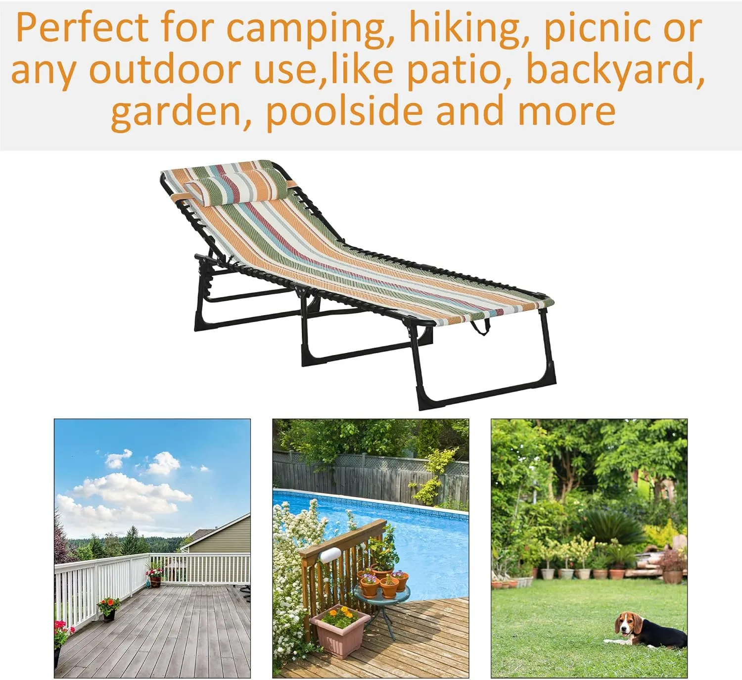 Outsunny Folding Chaise Lounge Chair, Patio Sun Tanning Chair, Outdoor Chaise Lounger with 4-Position Reclining Back, Breathable Mesh Seat for Beach, Poolside, Yard, Rainbow Striped
