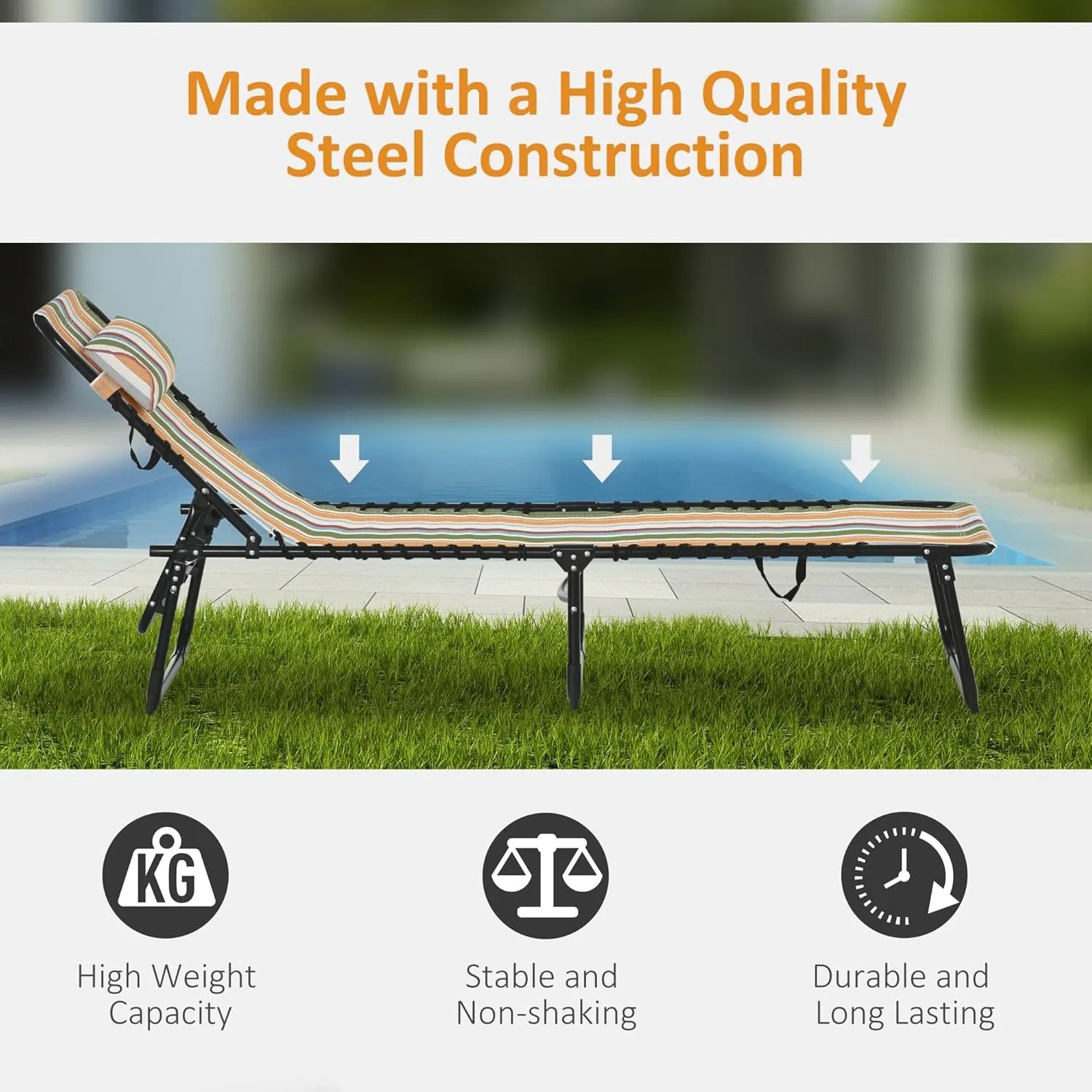 Outsunny Folding Chaise Lounge Chair, Patio Sun Tanning Chair, Outdoor Chaise Lounger with 4-Position Reclining Back, Breathable Mesh Seat for Beach, Poolside, Yard, Rainbow Striped