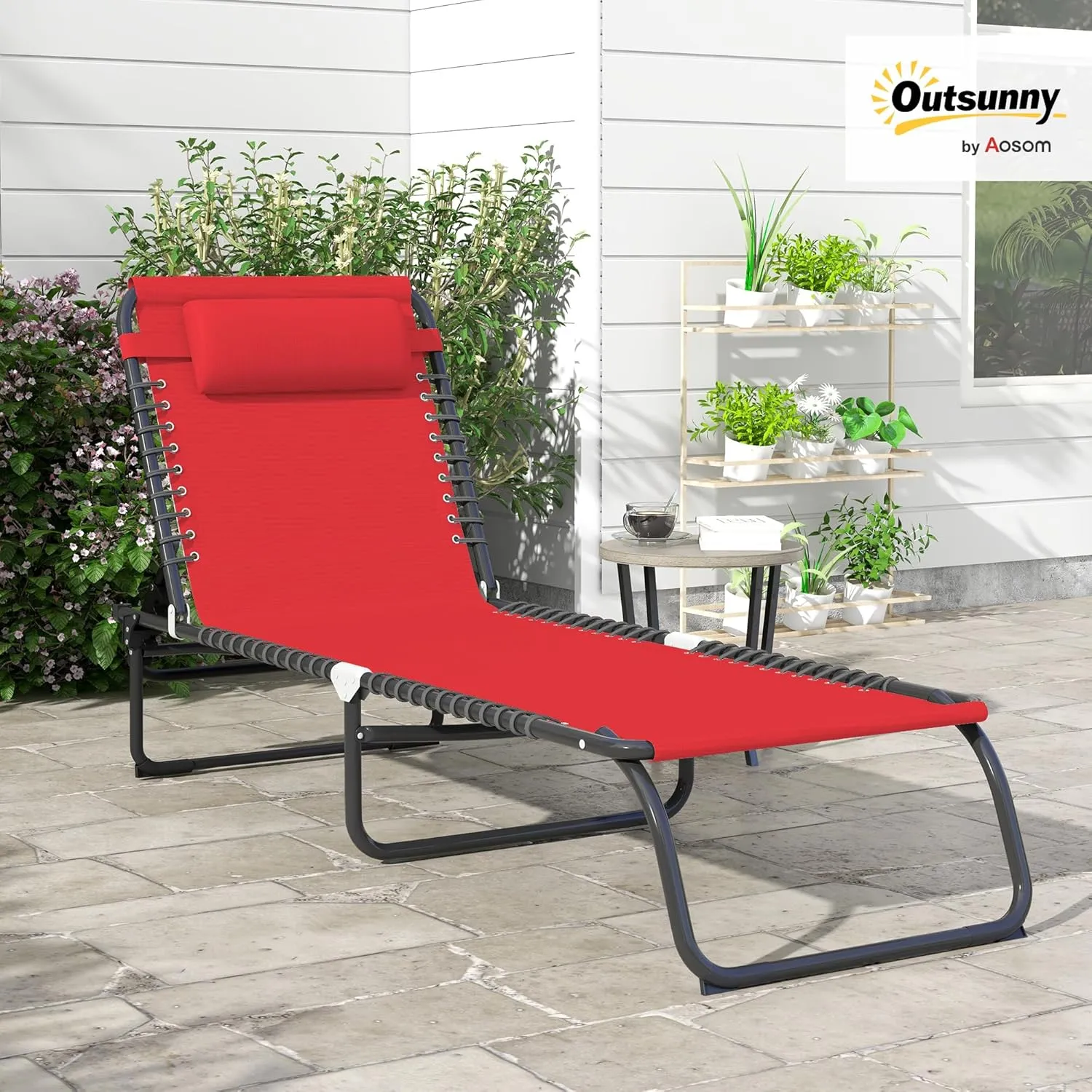 Outsunny Folding Chaise Lounge Chair, Patio Sun Tanning Chair, Outdoor Chaise Lounger with 4-Position Reclining Back, Breathable Mesh Seat for Beach, Poolside, Yard, Wine Red