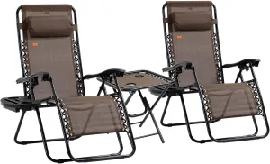 Outsunny Zero Gravity Chair Set with Side Table, Folding Reclining Chair with Cupholders & Pillows, Adjustable Lounge Chair for Pool, Backyard, Lawn, Beach, Brown