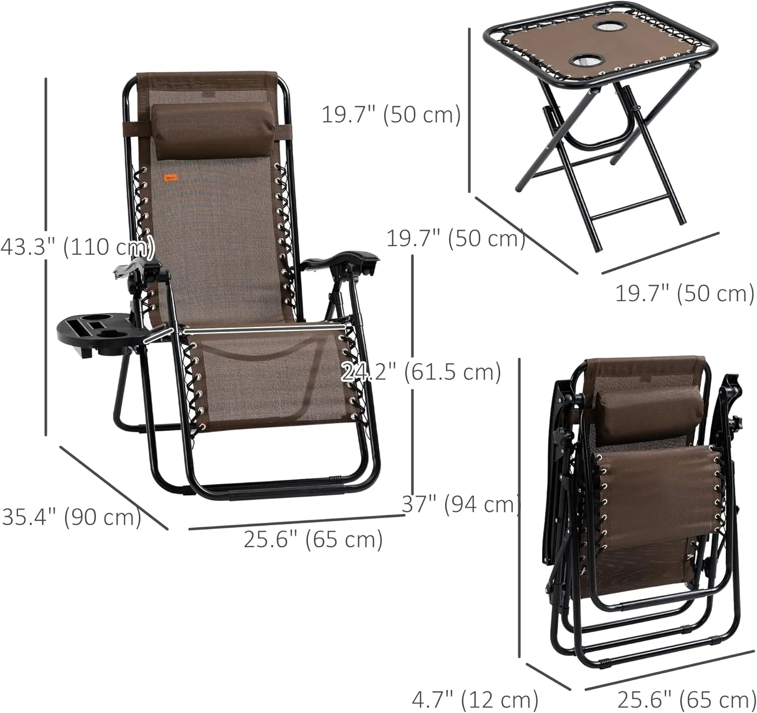 Outsunny Zero Gravity Chair Set with Side Table, Folding Reclining Chair with Cupholders & Pillows, Adjustable Lounge Chair for Pool, Backyard, Lawn, Beach, Brown