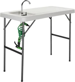 Outvita Fish Cleaning Table, Portable Folding Camping Table, 45" HDPE Outdoor Fish Cleaning Station with Sink, 360° Faucet, Sprayer, Hose, Working Platform for Camping