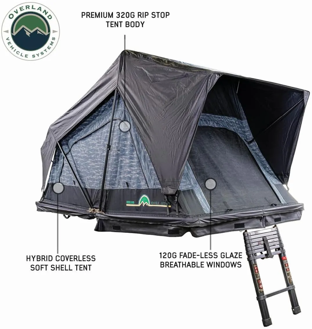 Overland Vehicle Systems XD Sherpa Soft Shell Aluminum Hard Shell Hybrid Roof Top Tent with Blackout Kit - Grey Body & Black Rainfly