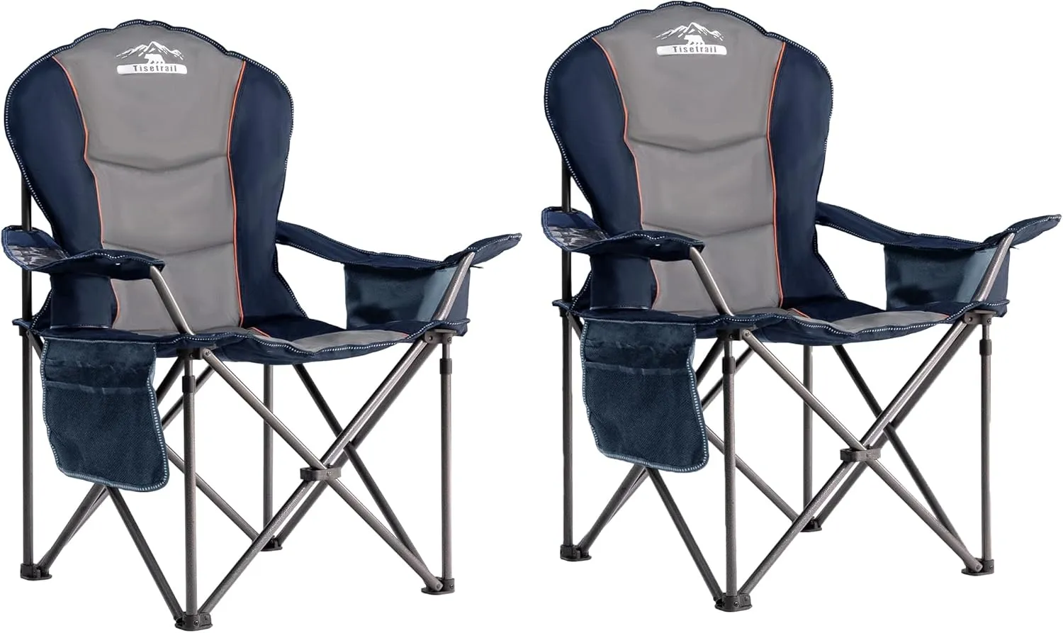 Oversized Camping Chairs with Cooler Bag & Cup Holder - Set of 2 Heavy-Duty 500lbs Folding Chairs (Steel Frame, Padded Seat, Blue & Gray)