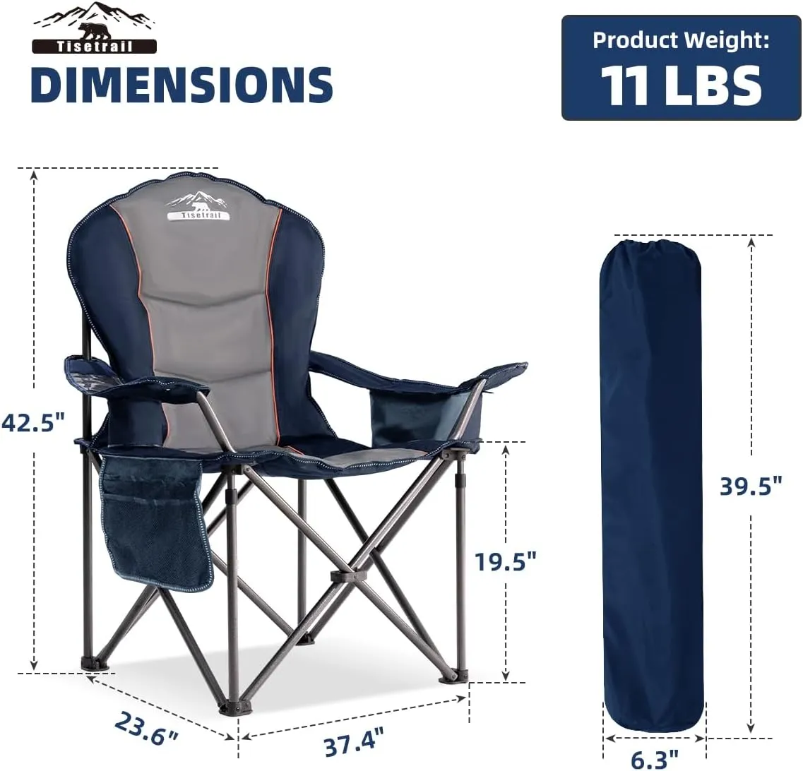 Oversized Camping Chairs with Cooler Bag & Cup Holder - Set of 2 Heavy-Duty 500lbs Folding Chairs (Steel Frame, Padded Seat, Blue & Gray)