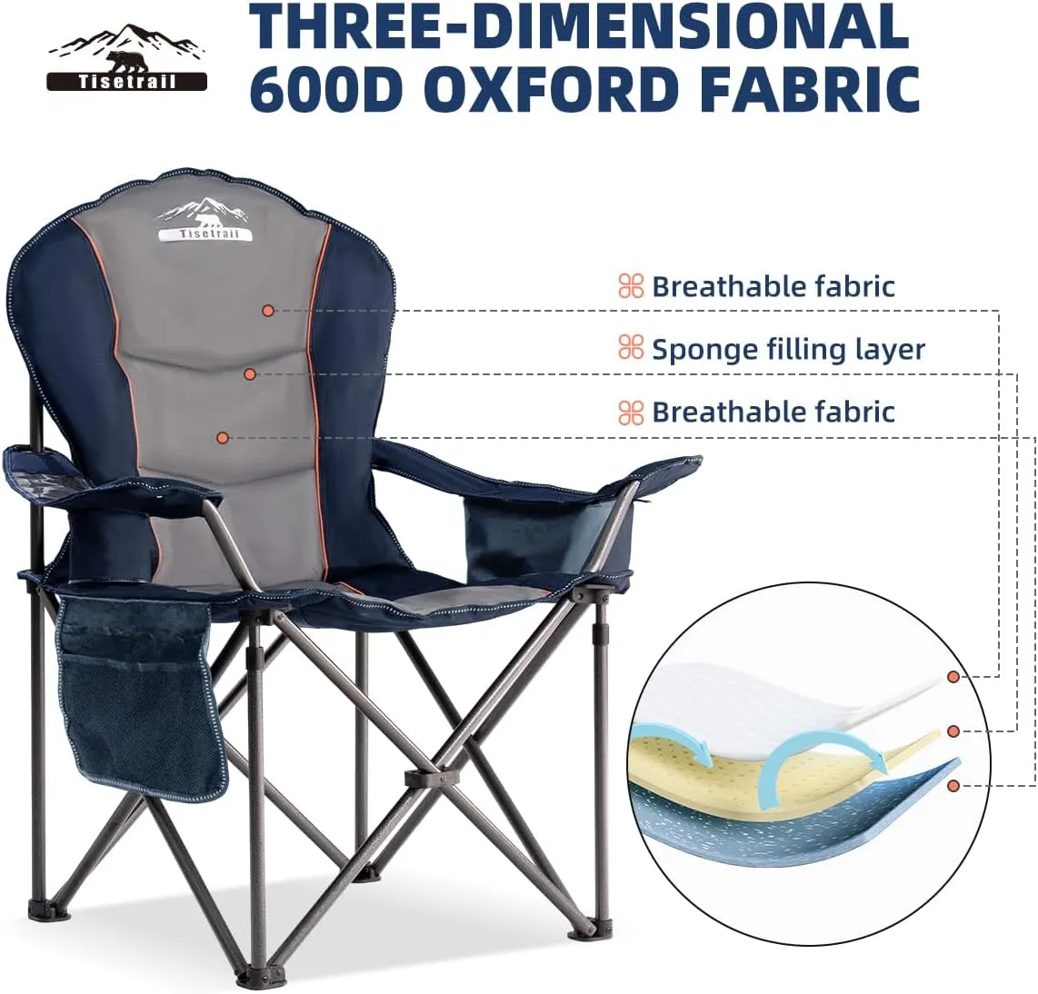 Oversized Camping Chairs with Cooler Bag & Cup Holder - Set of 2 Heavy-Duty 500lbs Folding Chairs (Steel Frame, Padded Seat, Blue & Gray)