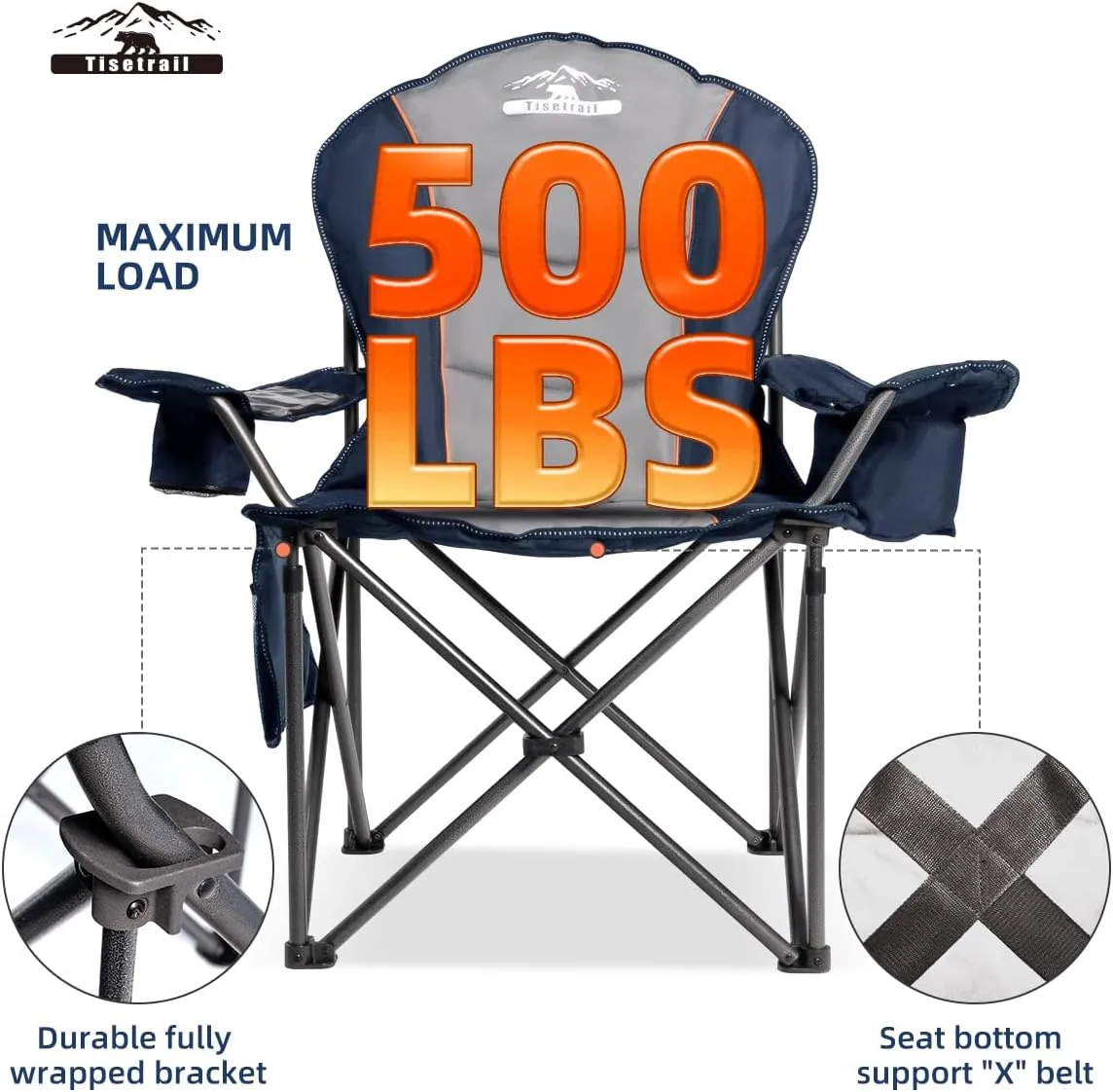 Oversized Camping Chairs with Cooler Bag & Cup Holder - Set of 2 Heavy-Duty 500lbs Folding Chairs (Steel Frame, Padded Seat, Blue & Gray)