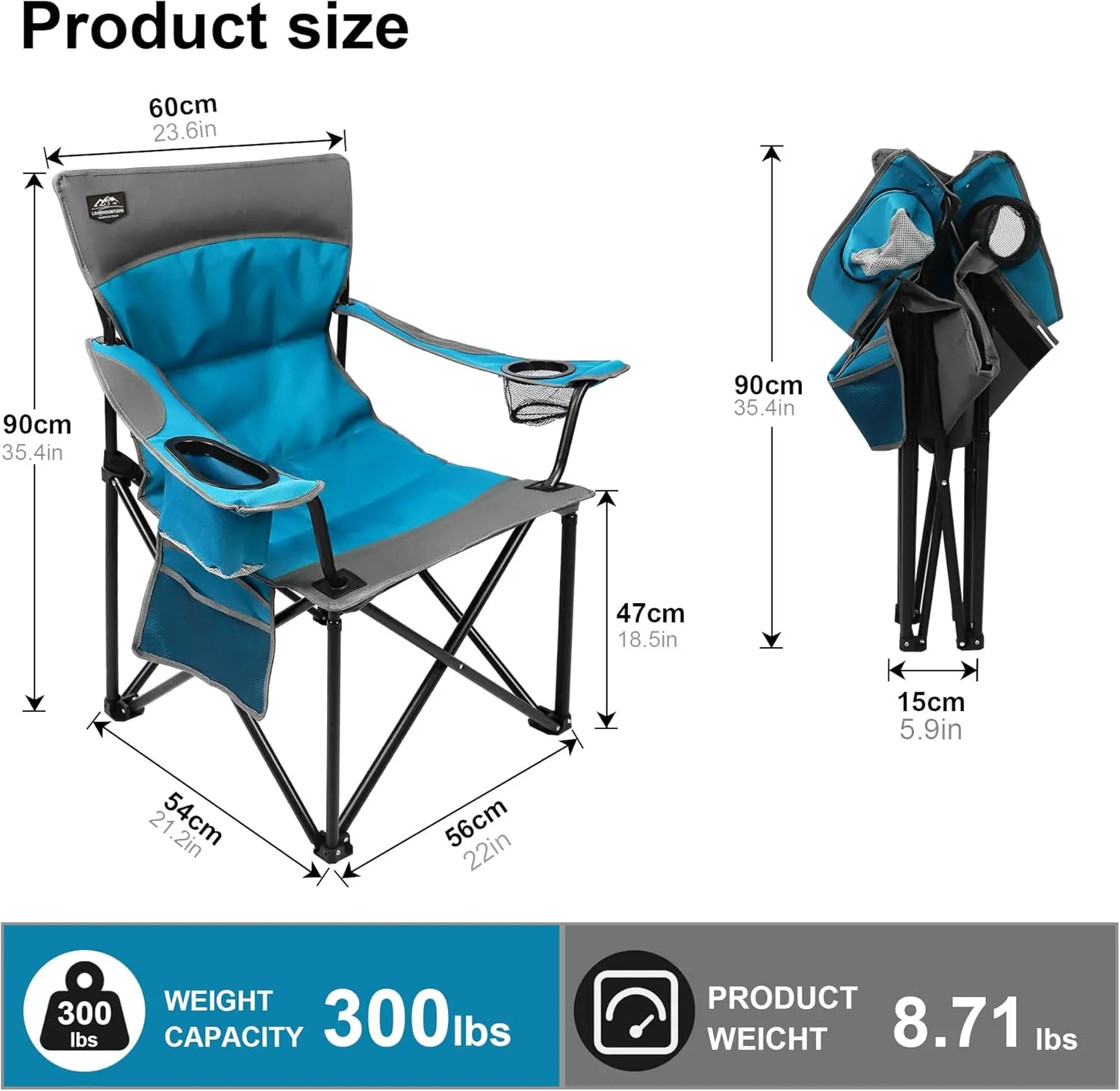 Oversized Folding Camping Chair,Heavy Duty Padded Portable Lawn Chair w/Extra Large Cup Holder,Side Pocket for Adults Outdoor Sports Hiking Beach Garden Picnic,Blue