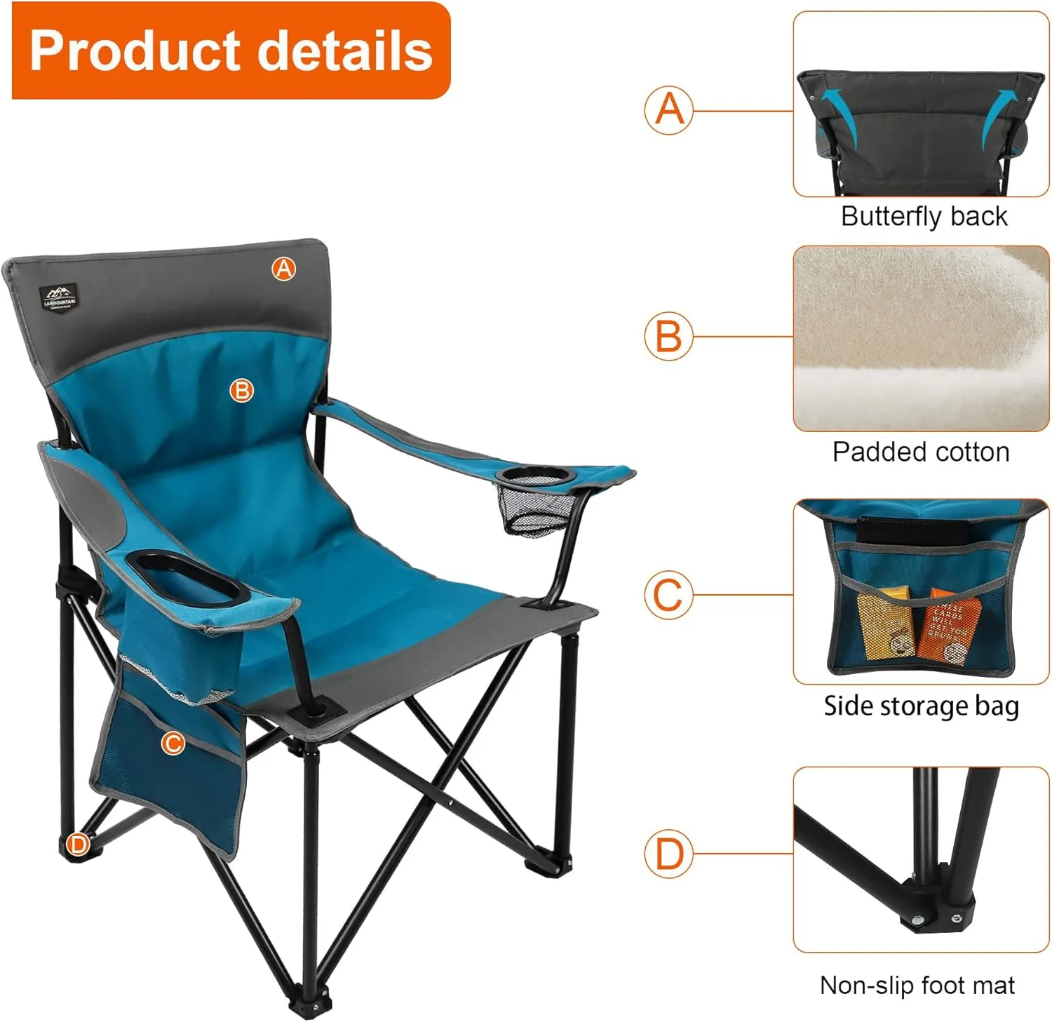 Oversized Folding Camping Chair,Heavy Duty Padded Portable Lawn Chair w/Extra Large Cup Holder,Side Pocket for Adults Outdoor Sports Hiking Beach Garden Picnic,Blue