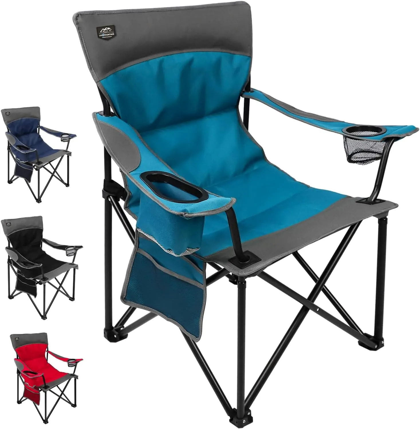 Oversized Folding Camping Chair,Heavy Duty Padded Portable Lawn Chair w/Extra Large Cup Holder,Side Pocket for Adults Outdoor Sports Hiking Beach Garden Picnic,Blue