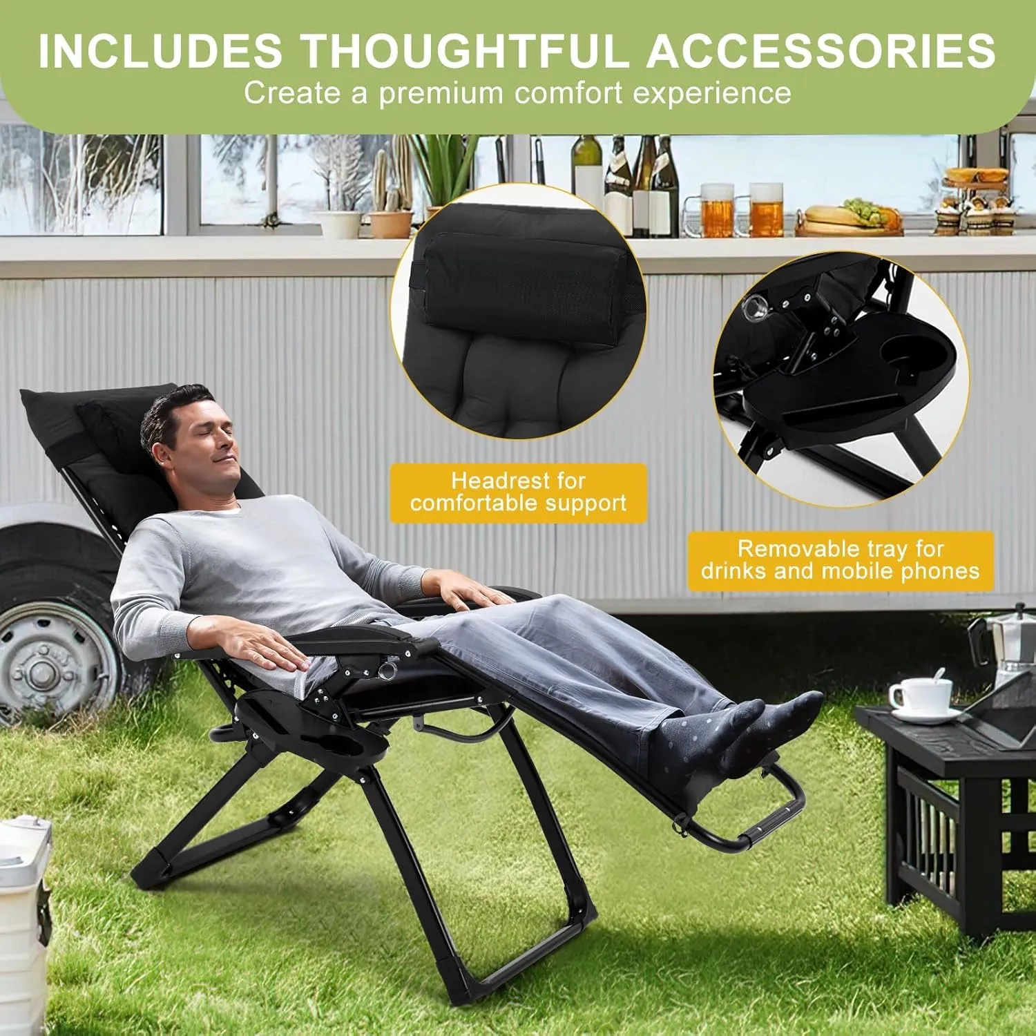 Oversized Padded Camping Chair, Foldable Patio Recliner, 29" Wide Seat Anti Gravity Lounger with Cup Holder, Support 440 LBS
