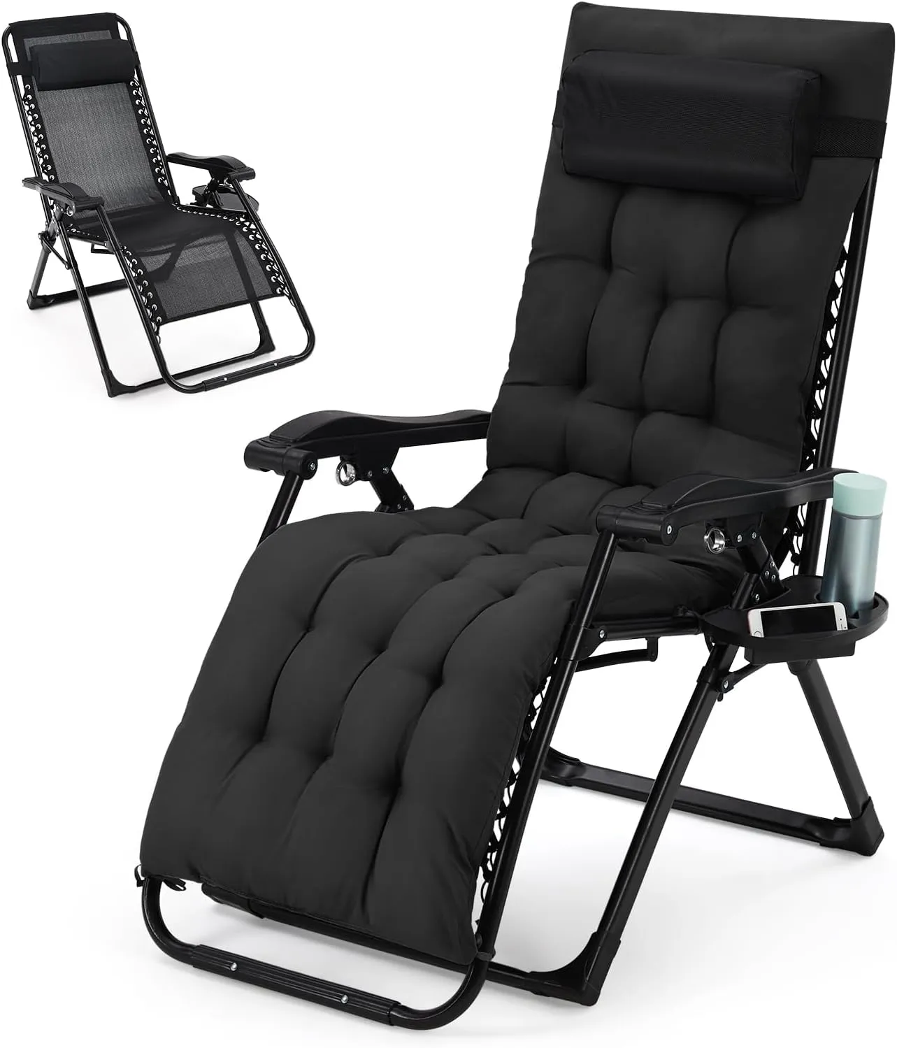 Oversized Padded Camping Chair, Foldable Patio Recliner, 29" Wide Seat Anti Gravity Lounger with Cup Holder, Support 440 LBS