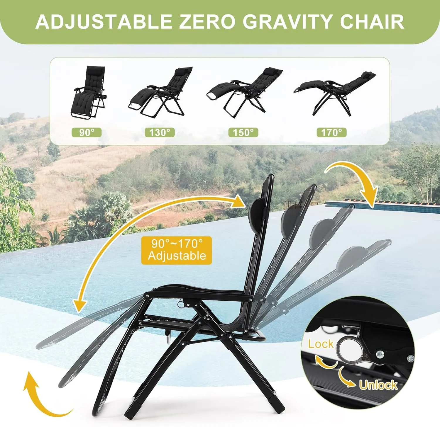Oversized Padded Camping Chair, Foldable Patio Recliner, 29" Wide Seat Anti Gravity Lounger with Cup Holder, Support 440 LBS