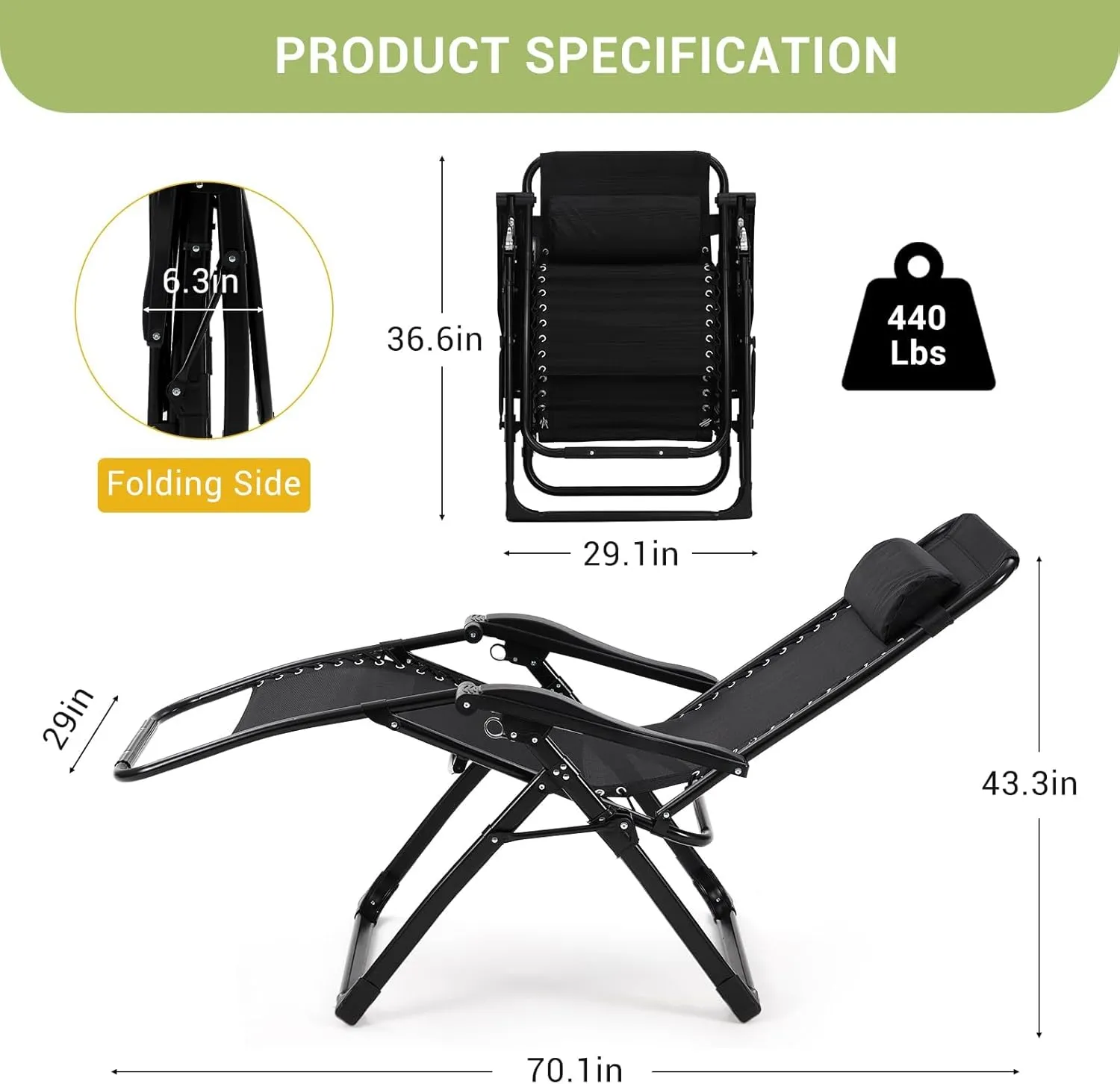 Oversized Padded Camping Chair, Foldable Patio Recliner, 29" Wide Seat Anti Gravity Lounger with Cup Holder, Support 440 LBS