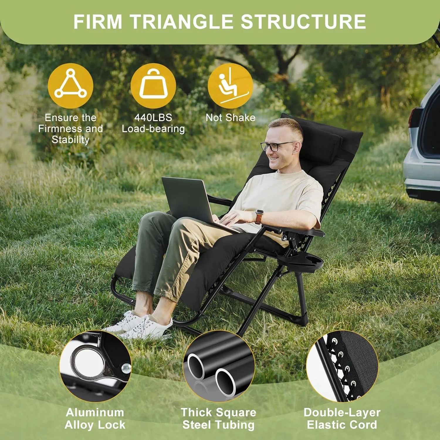 Oversized Padded Camping Chair, Foldable Patio Recliner, 29" Wide Seat Anti Gravity Lounger with Cup Holder, Support 440 LBS