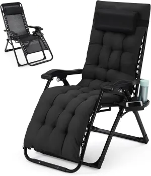Oversized Padded Camping Chair, Foldable Patio Recliner, 29" Wide Seat Anti Gravity Lounger with Cup Holder, Support 440 LBS