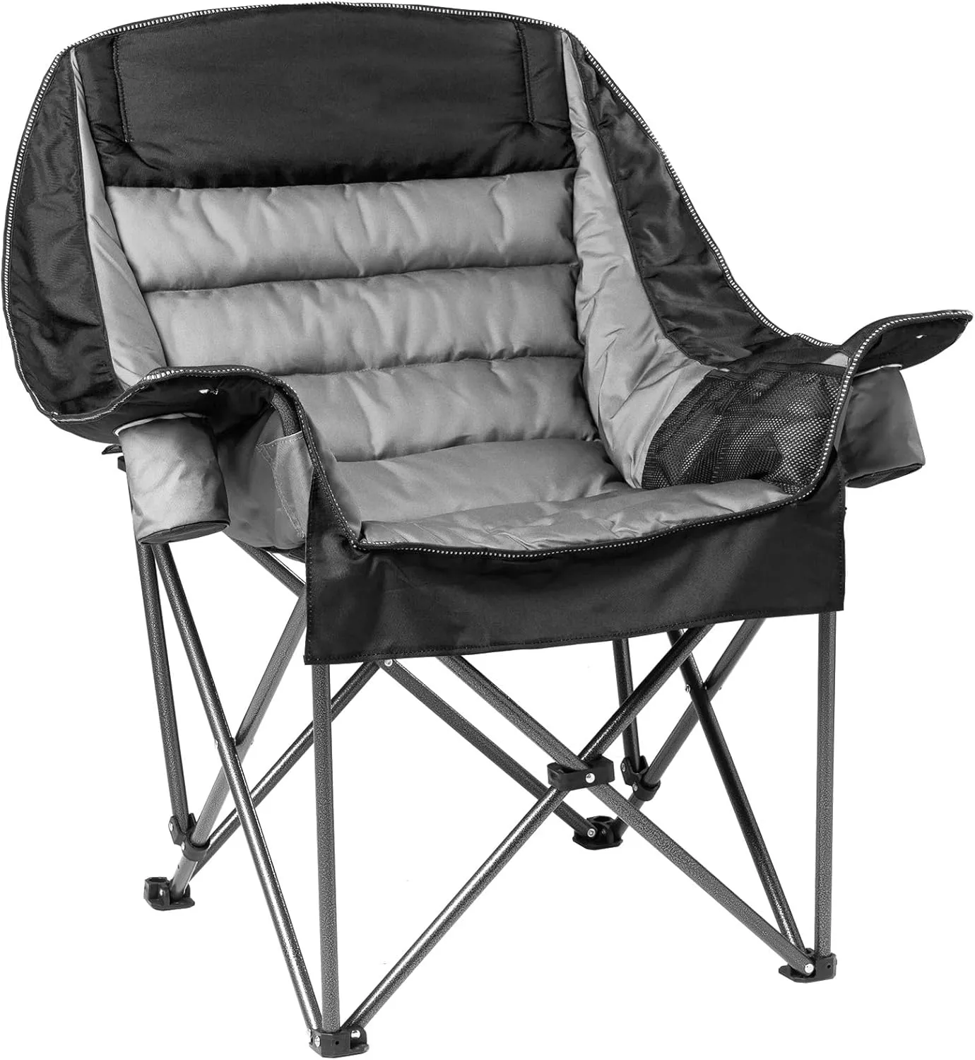 Oversized Padded Camping Chair for Adults Heavy-Duty 500lbs Capacity, Portable Folding Camp Chairs with Cup Holder & Side Pocket, High-Loft Padding for Backyard, Fishing (Black & Gray)