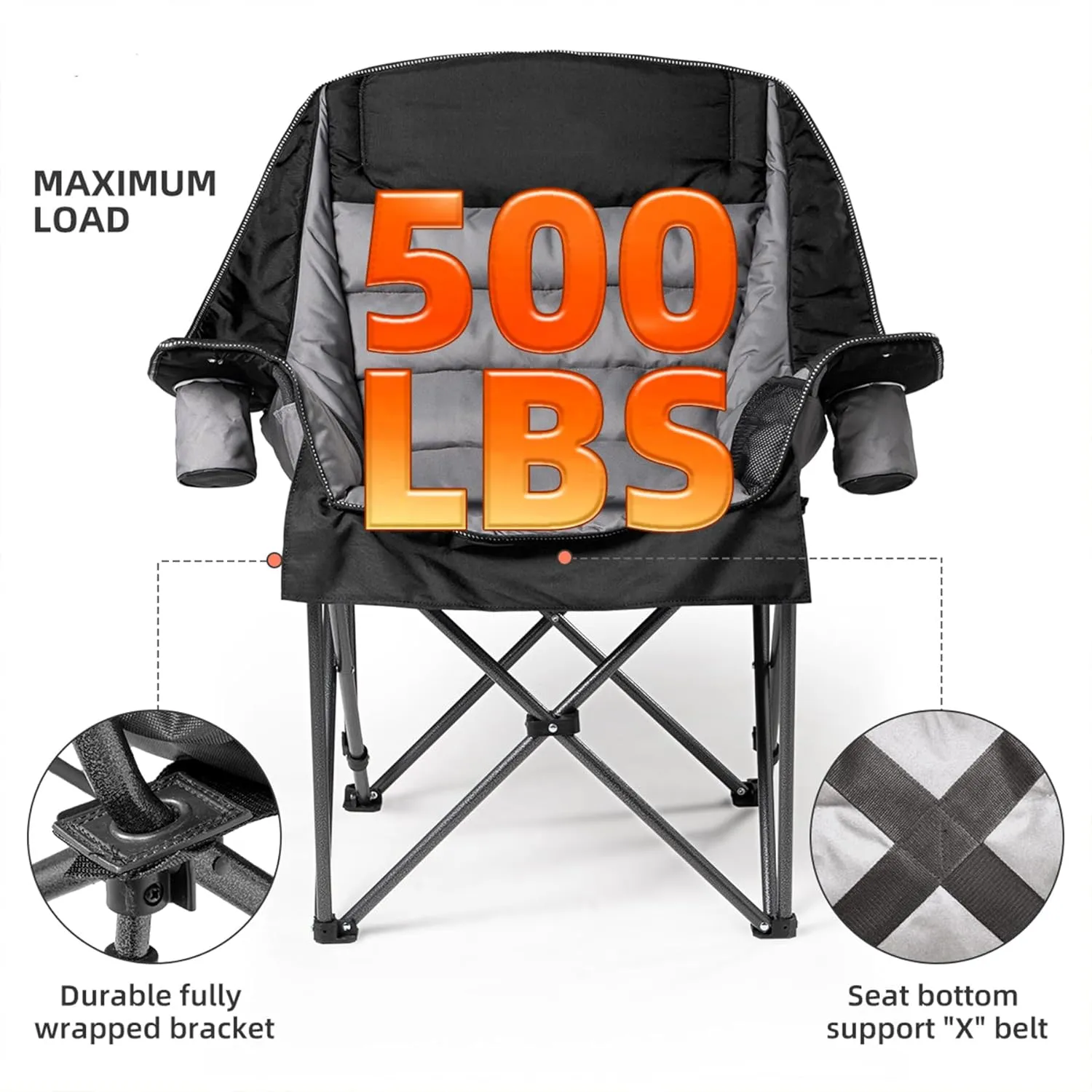 Oversized Padded Camping Chair for Adults Heavy-Duty 500lbs Capacity, Portable Folding Camp Chairs with Cup Holder & Side Pocket, High-Loft Padding for Backyard, Fishing (Black & Gray)