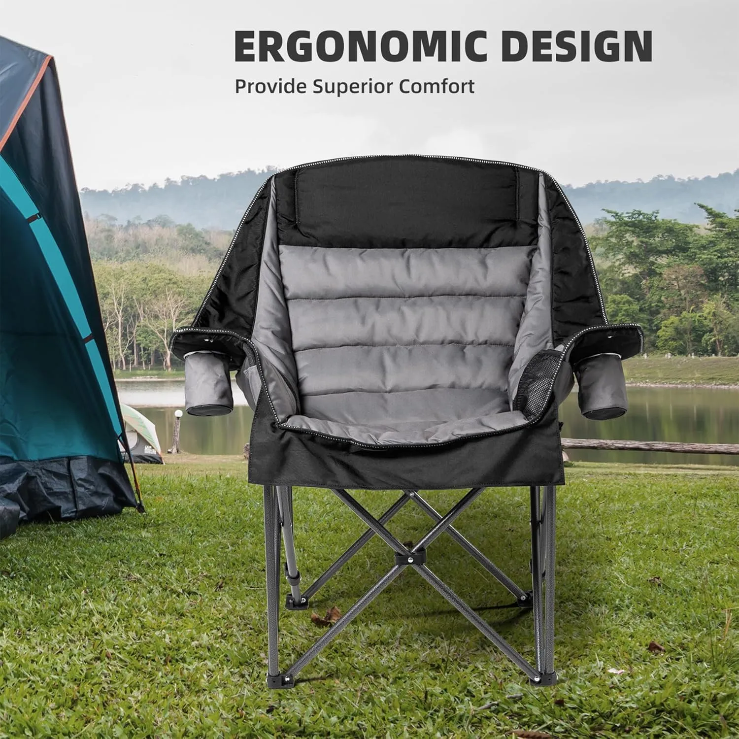 Oversized Padded Camping Chair for Adults Heavy-Duty 500lbs Capacity, Portable Folding Camp Chairs with Cup Holder & Side Pocket, High-Loft Padding for Backyard, Fishing (Black & Gray)