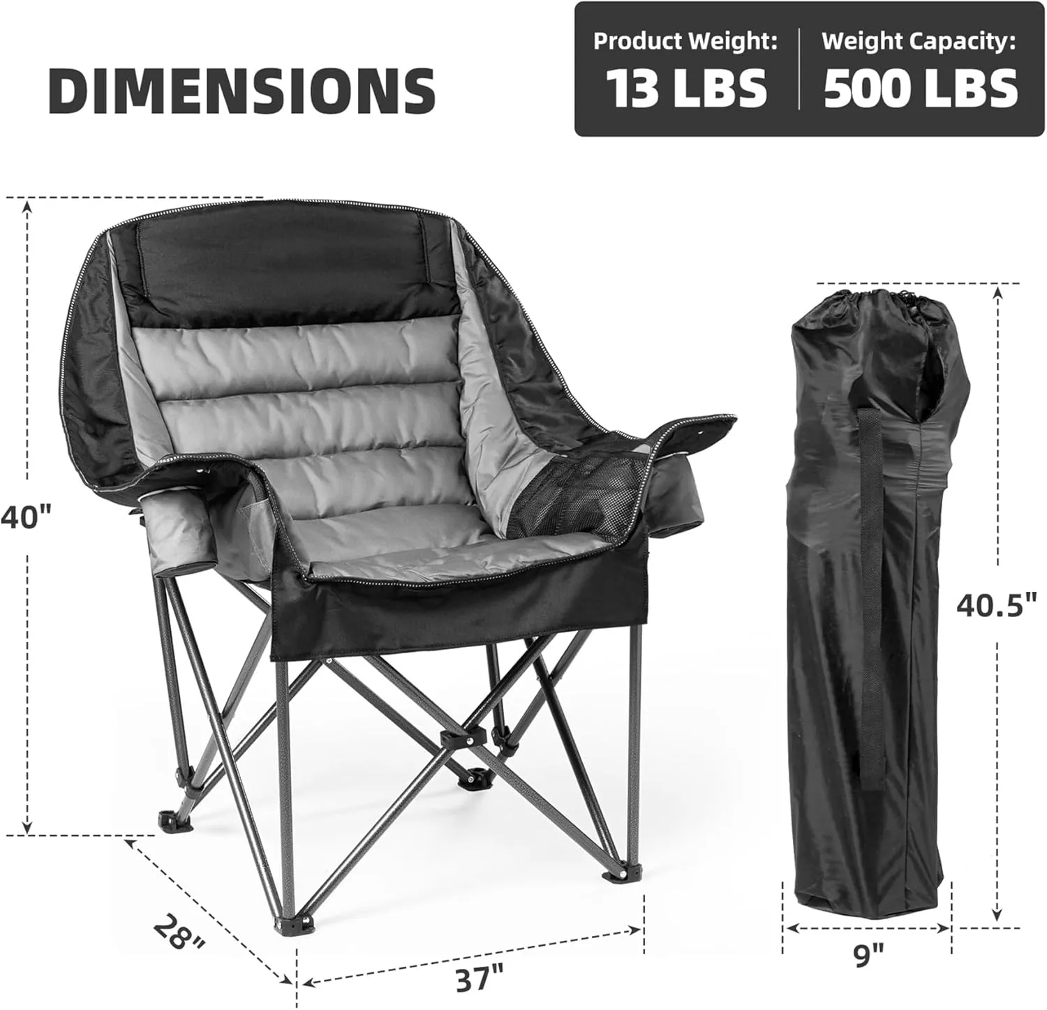 Oversized Padded Camping Chair for Adults Heavy-Duty 500lbs Capacity, Portable Folding Camp Chairs with Cup Holder & Side Pocket, High-Loft Padding for Backyard, Fishing (Black & Gray)