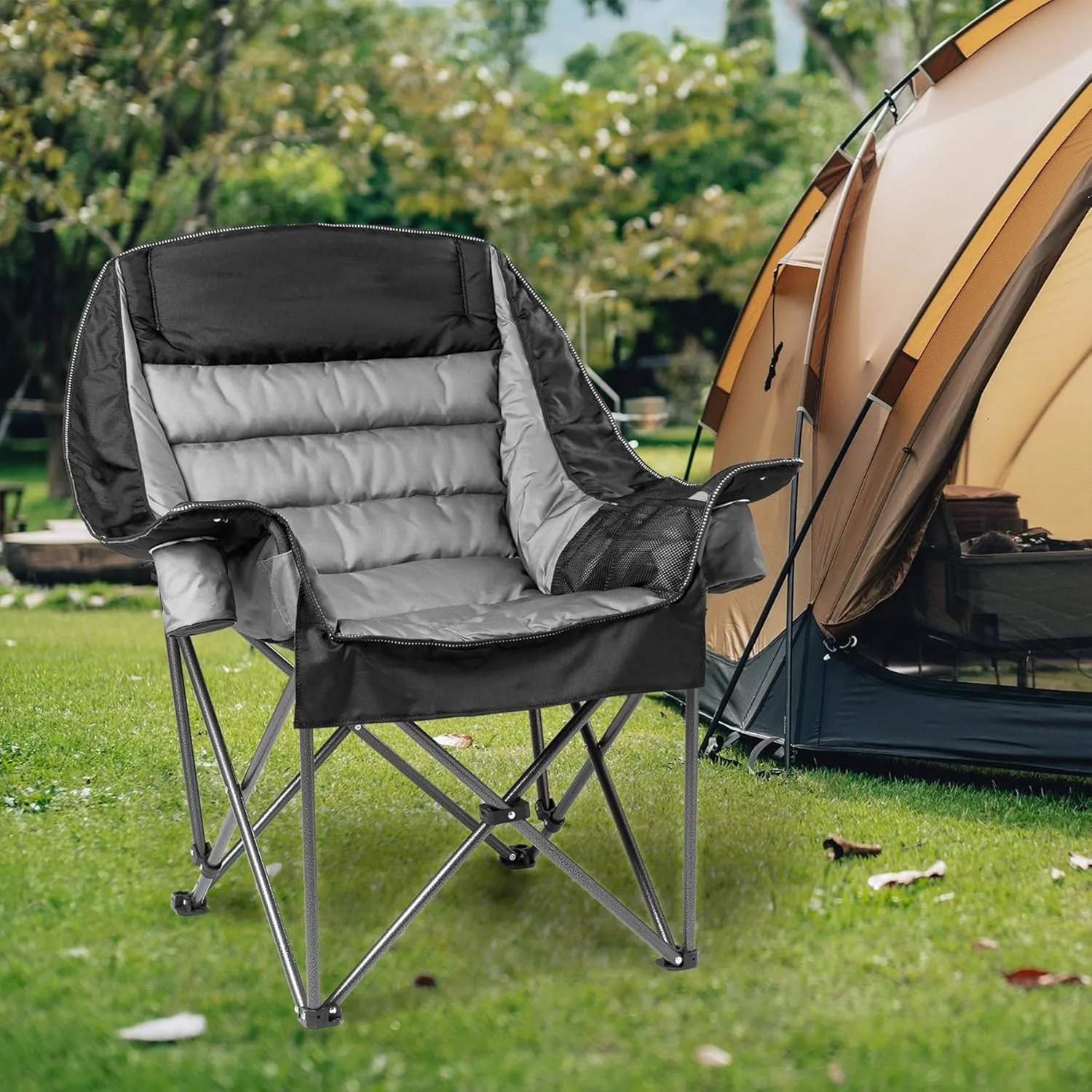 Oversized Padded Camping Chair for Adults Heavy-Duty 500lbs Capacity, Portable Folding Camp Chairs with Cup Holder & Side Pocket, High-Loft Padding for Backyard, Fishing (Black & Gray)