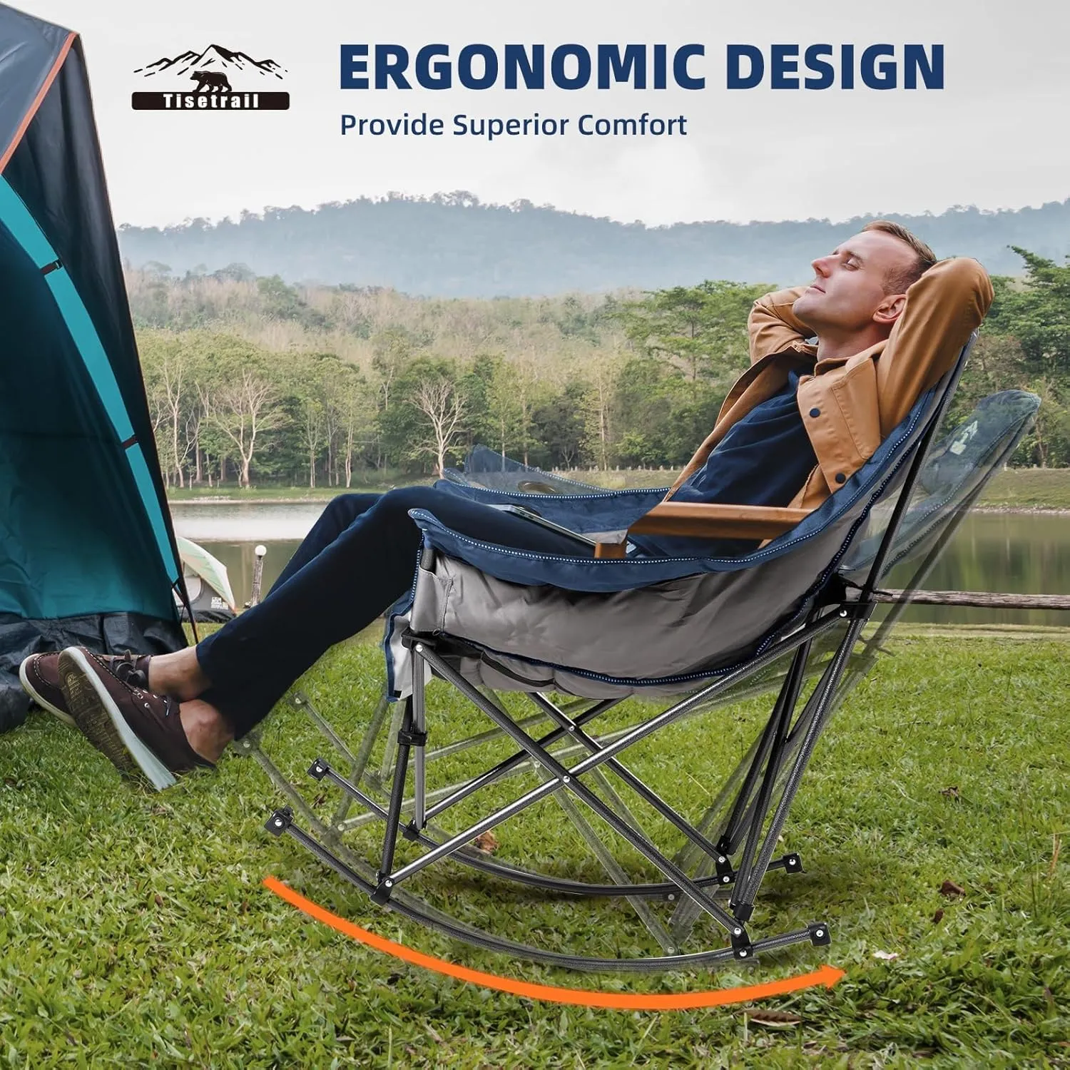 Oversized Rocking Camping Chairs Set of 2, Fully Padded Camp Chairs for Adults with Side Pocket and Cup Holder, Heavy-Duty 400lbs Capacity, Blue & Gray