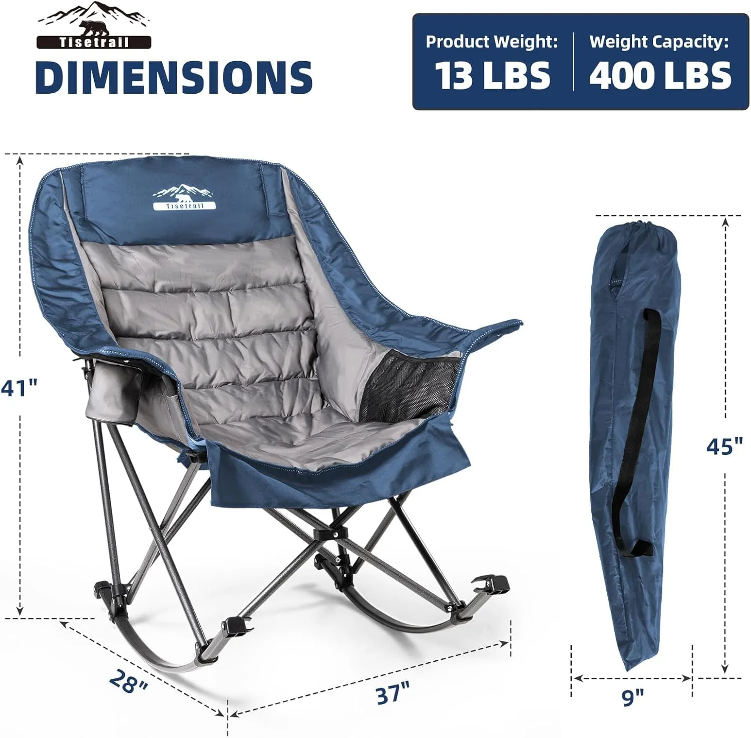 Oversized Rocking Camping Chairs Set of 2, Fully Padded Camp Chairs for Adults with Side Pocket and Cup Holder, Heavy-Duty 400lbs Capacity, Blue & Gray