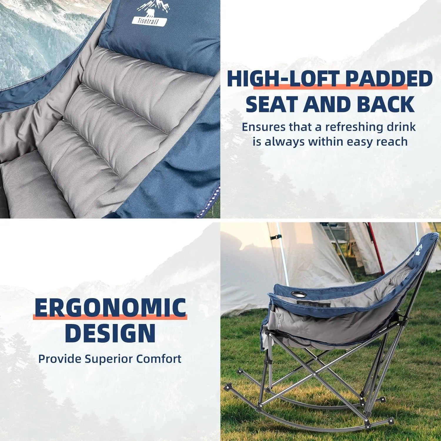Oversized Rocking Camping Chairs Set of 2, Fully Padded Camp Chairs for Adults with Side Pocket and Cup Holder, Heavy-Duty 400lbs Capacity, Blue & Gray