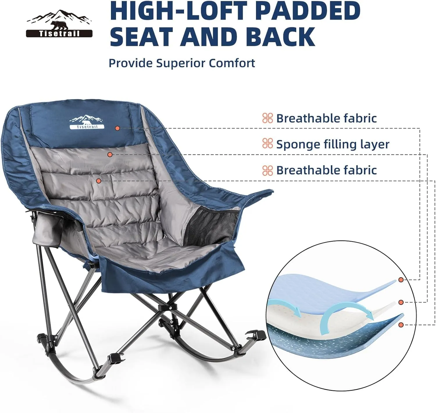 Oversized Rocking Camping Chairs Set of 2, Fully Padded Camp Chairs for Adults with Side Pocket and Cup Holder, Heavy-Duty 400lbs Capacity, Blue & Gray
