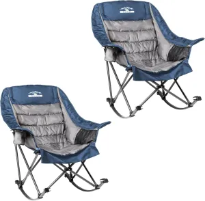 Oversized Rocking Camping Chairs Set of 2, Fully Padded Camp Chairs for Adults with Side Pocket and Cup Holder, Heavy-Duty 400lbs Capacity, Blue & Gray