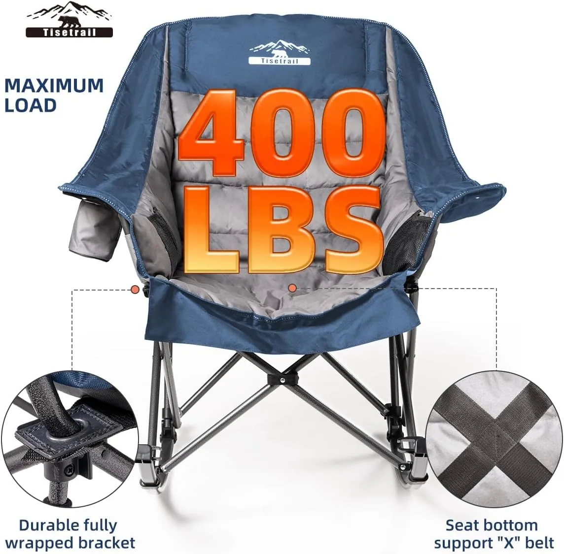 Oversized Rocking Camping Chairs Set of 2, Fully Padded Camp Chairs for Adults with Side Pocket and Cup Holder, Heavy-Duty 400lbs Capacity, Blue & Gray
