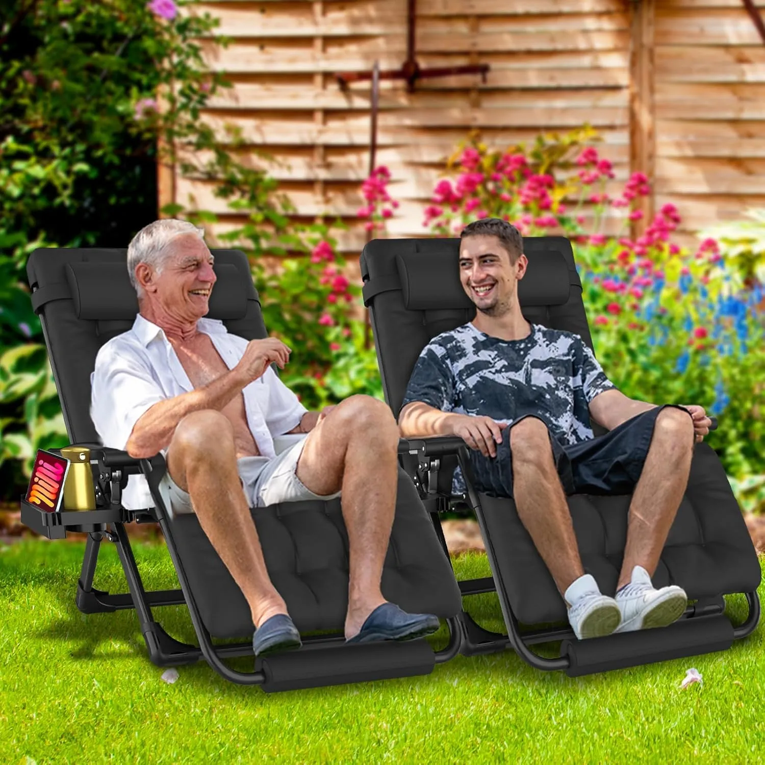 Oversized Zero Gravity Chair, 33In XXL Padded Lounge Chair, Recliner Chair W/Cushion& Storage Bag, Footrest, Reinforced Full-Alu Alloy Lock, Larger Cup Holder, for Indoor Outdoor, 500lbs Max