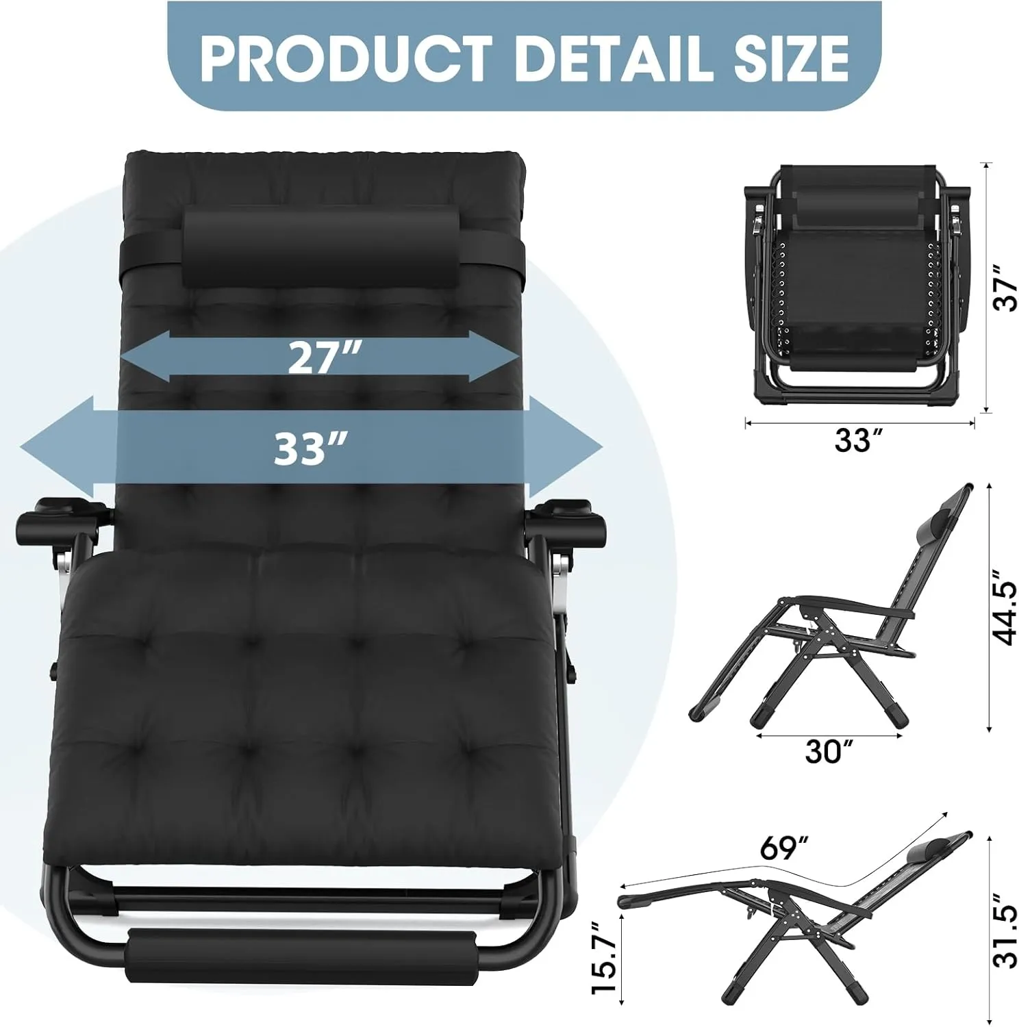 Oversized Zero Gravity Chair, 33In XXL Padded Lounge Chair, Recliner Chair W/Cushion& Storage Bag, Footrest, Reinforced Full-Alu Alloy Lock, Larger Cup Holder, for Indoor Outdoor, 500lbs Max