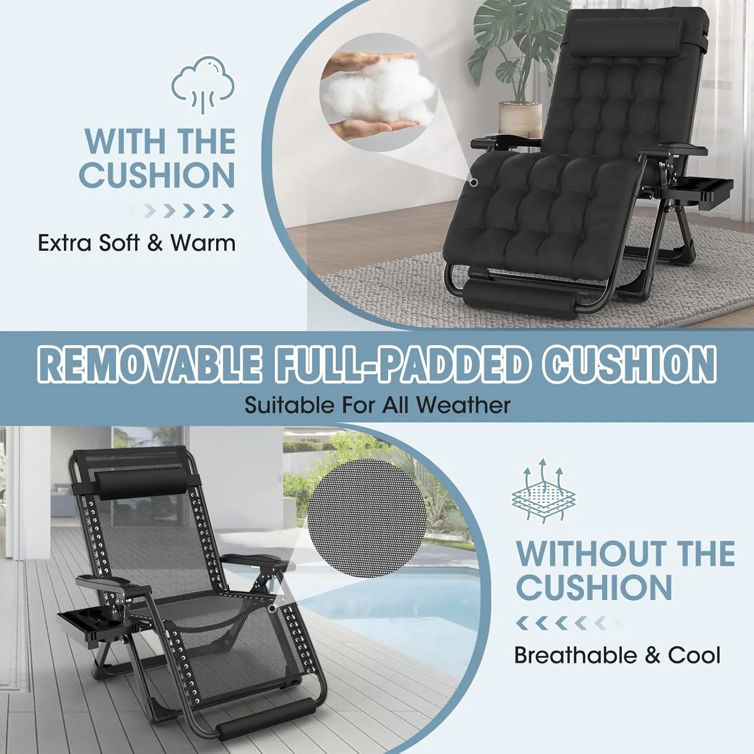 Oversized Zero Gravity Chair, 33In XXL Padded Lounge Chair, Recliner Chair W/Cushion& Storage Bag, Footrest, Reinforced Full-Alu Alloy Lock, Larger Cup Holder, for Indoor Outdoor, 500lbs Max