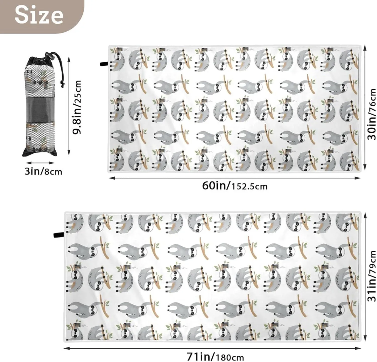 Oyihfvs Cute Grey Sloths on Tree Branches with Green Leaves on White Quick Drying Beach Towel, Foldable Yoga Towel, Soft Sport Towel, Sweat Absorbent Towel with Storage Mesh Bag 30 x 60 inch (S)