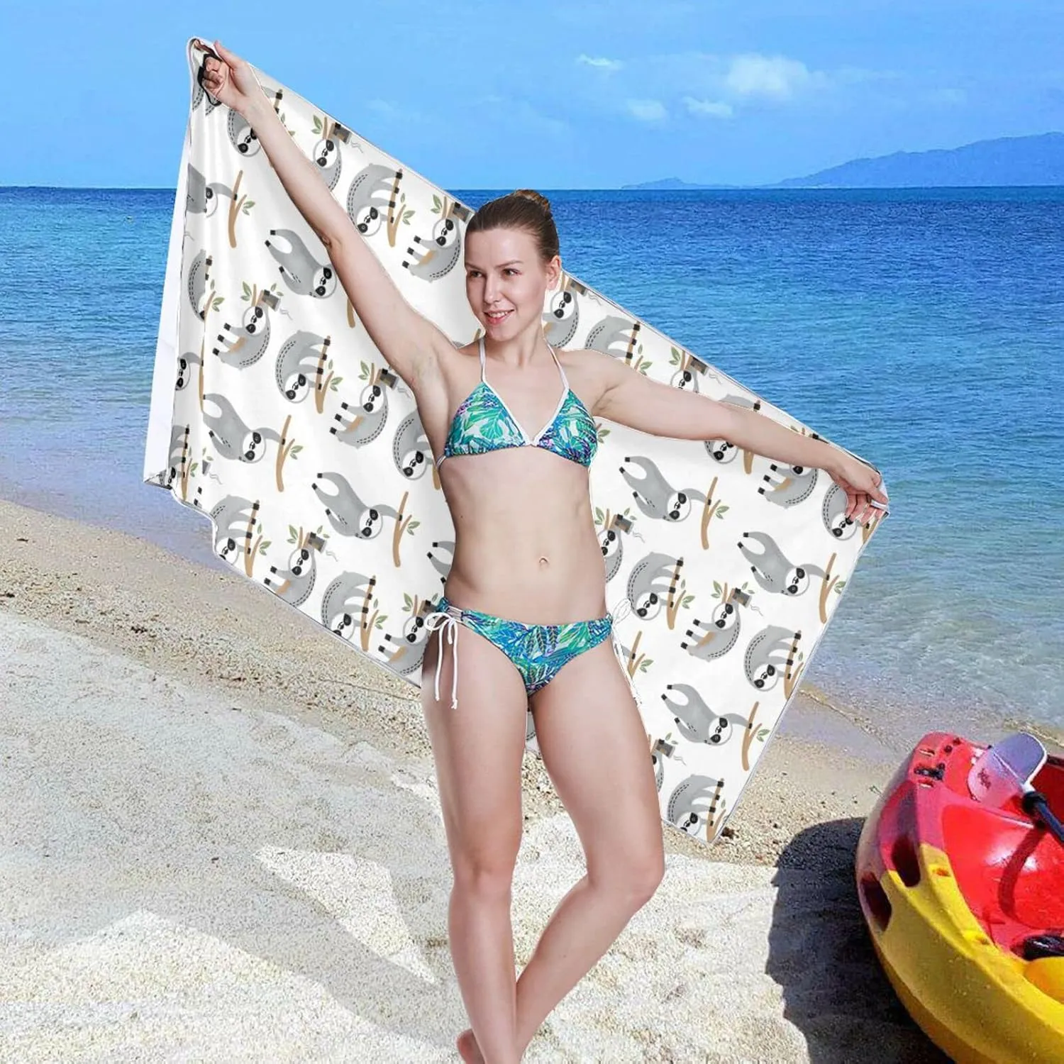 Oyihfvs Cute Grey Sloths on Tree Branches with Green Leaves on White Quick Drying Beach Towel, Foldable Yoga Towel, Soft Sport Towel, Sweat Absorbent Towel with Storage Mesh Bag 30 x 60 inch (S)