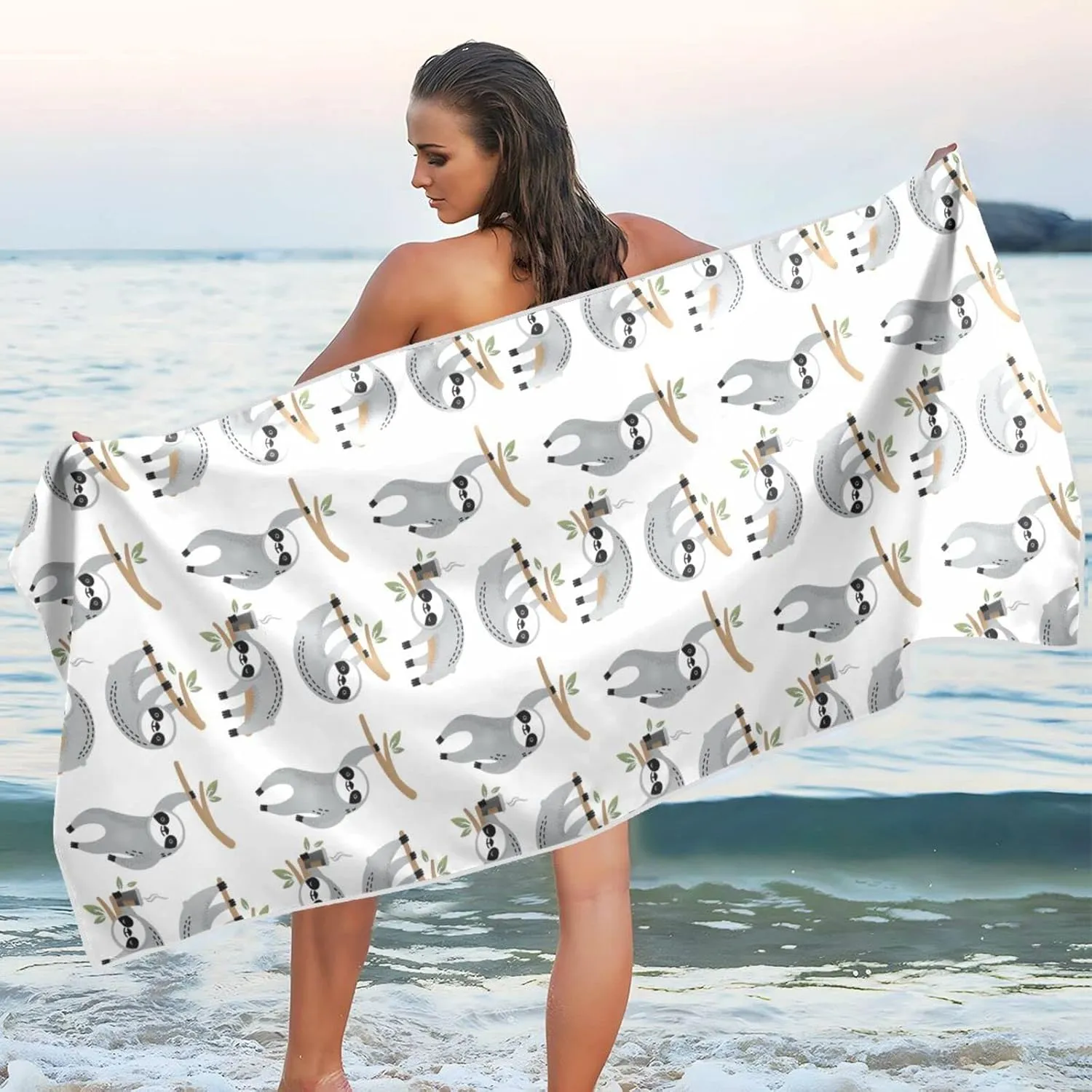 Oyihfvs Cute Grey Sloths on Tree Branches with Green Leaves on White Quick Drying Beach Towel, Foldable Yoga Towel, Soft Sport Towel, Sweat Absorbent Towel with Storage Mesh Bag 30 x 60 inch (S)