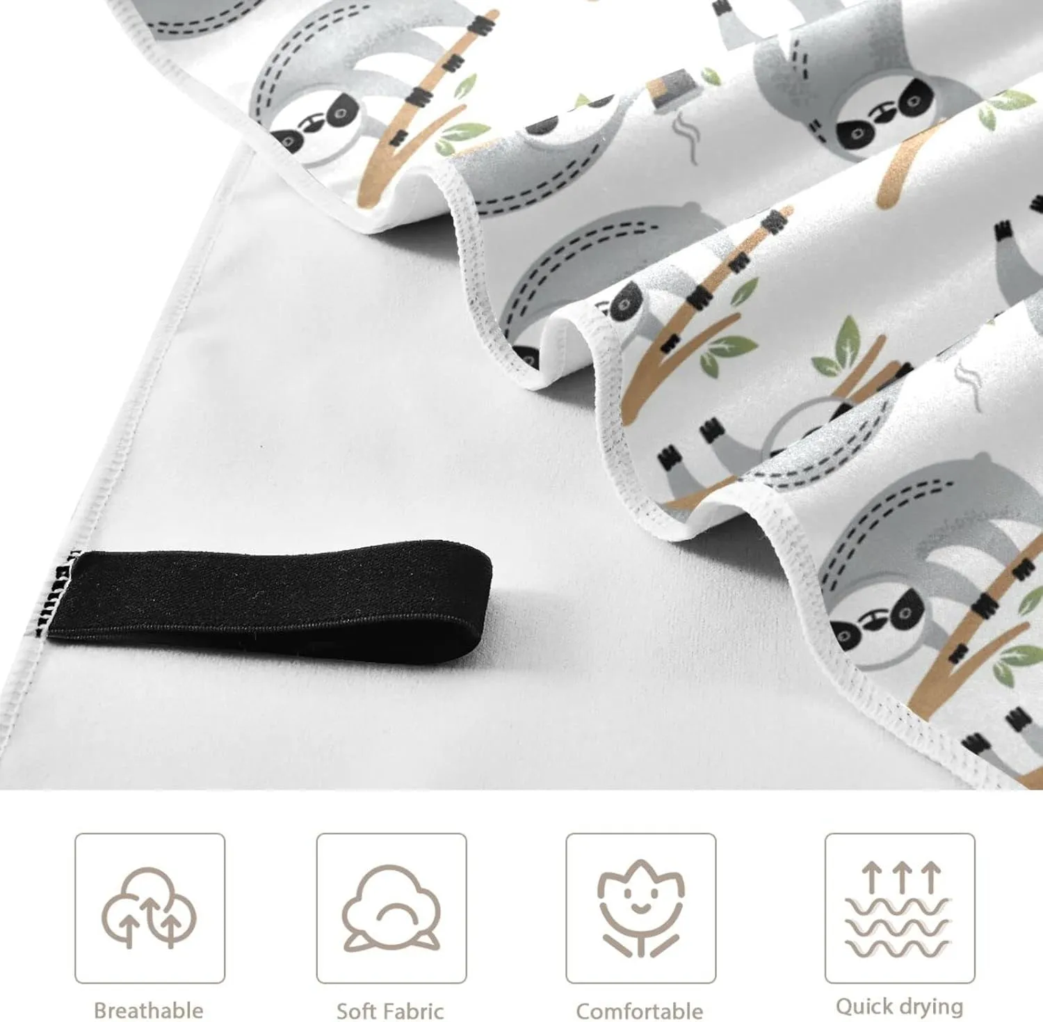 Oyihfvs Cute Grey Sloths on Tree Branches with Green Leaves on White Quick Drying Beach Towel, Foldable Yoga Towel, Soft Sport Towel, Sweat Absorbent Towel with Storage Mesh Bag 30 x 60 inch (S)