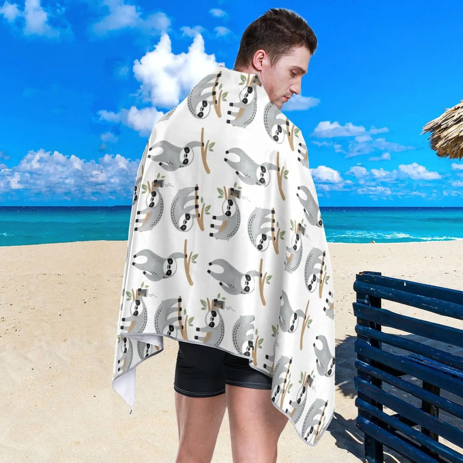 Oyihfvs Cute Grey Sloths on Tree Branches with Green Leaves on White Quick Drying Beach Towel, Foldable Yoga Towel, Soft Sport Towel, Sweat Absorbent Towel with Storage Mesh Bag 30 x 60 inch (S)