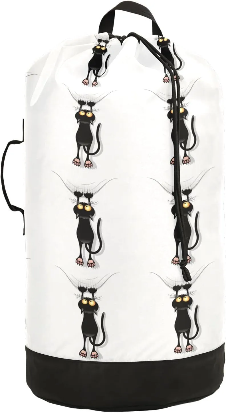 Oyihfvs Funny Black Cat Cartoon Scratching Curtains on White Backpack Laundry Bag, Laundry Backpack with Shoulder Straps, Waterproof Nylon Clothes Hamper Bag for Men Women Yoga Backpack