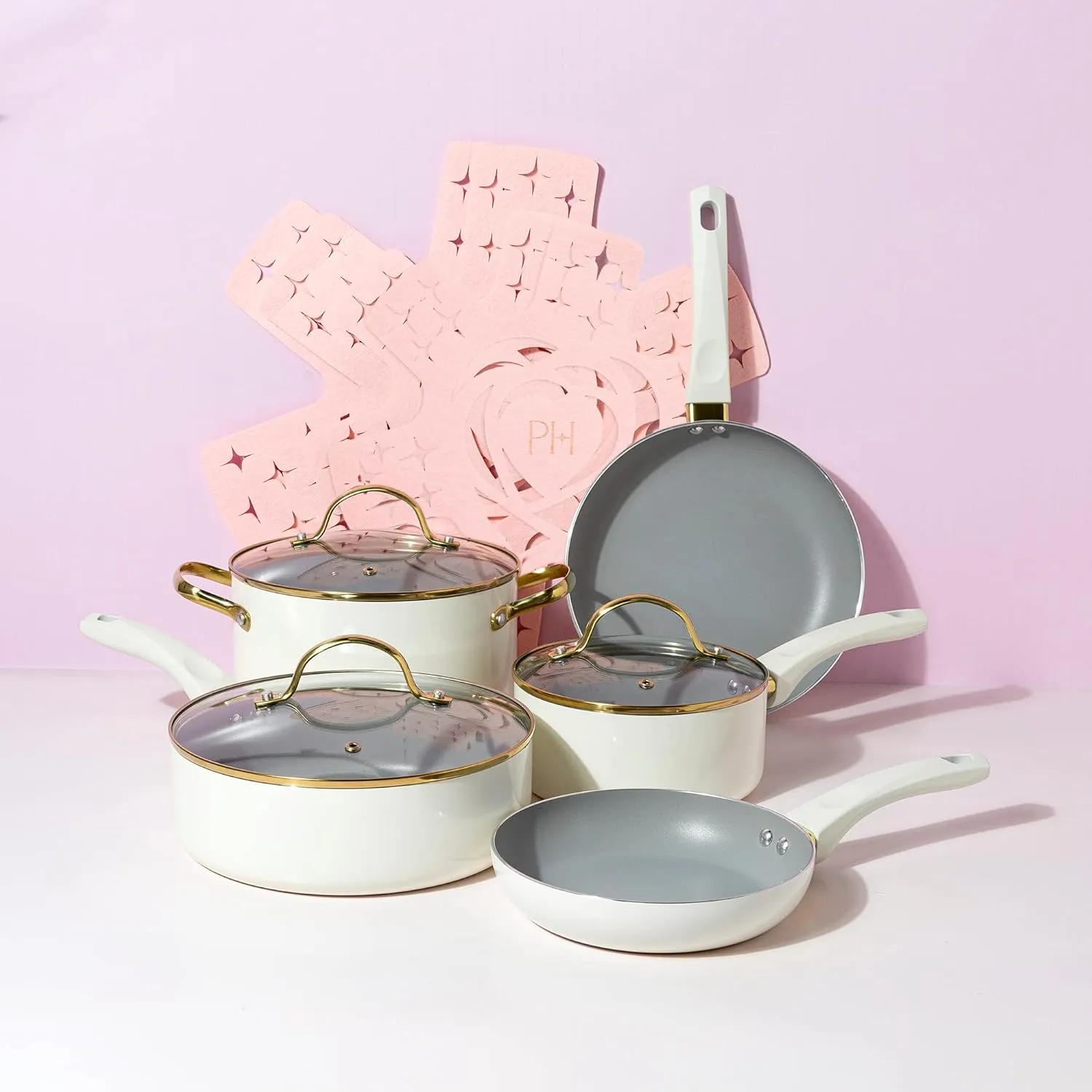 Paris Hilton Epic Nonstick Pots and Pans Set, Multi-layer Nonstick Coating, Tempered Glass Lids, Soft Touch, Stay Cool Handles, Made without PFOA, Dishwasher Safe Cookware Set, 12-Piece, Cream
